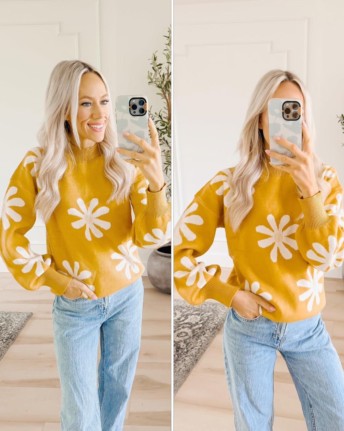 imageZeagoo Sweaters for Women Fall Fashion 2025 Trendy Long Sleeve Turtleneck Pullover Lantern Knit Sweater TopsYellowflower