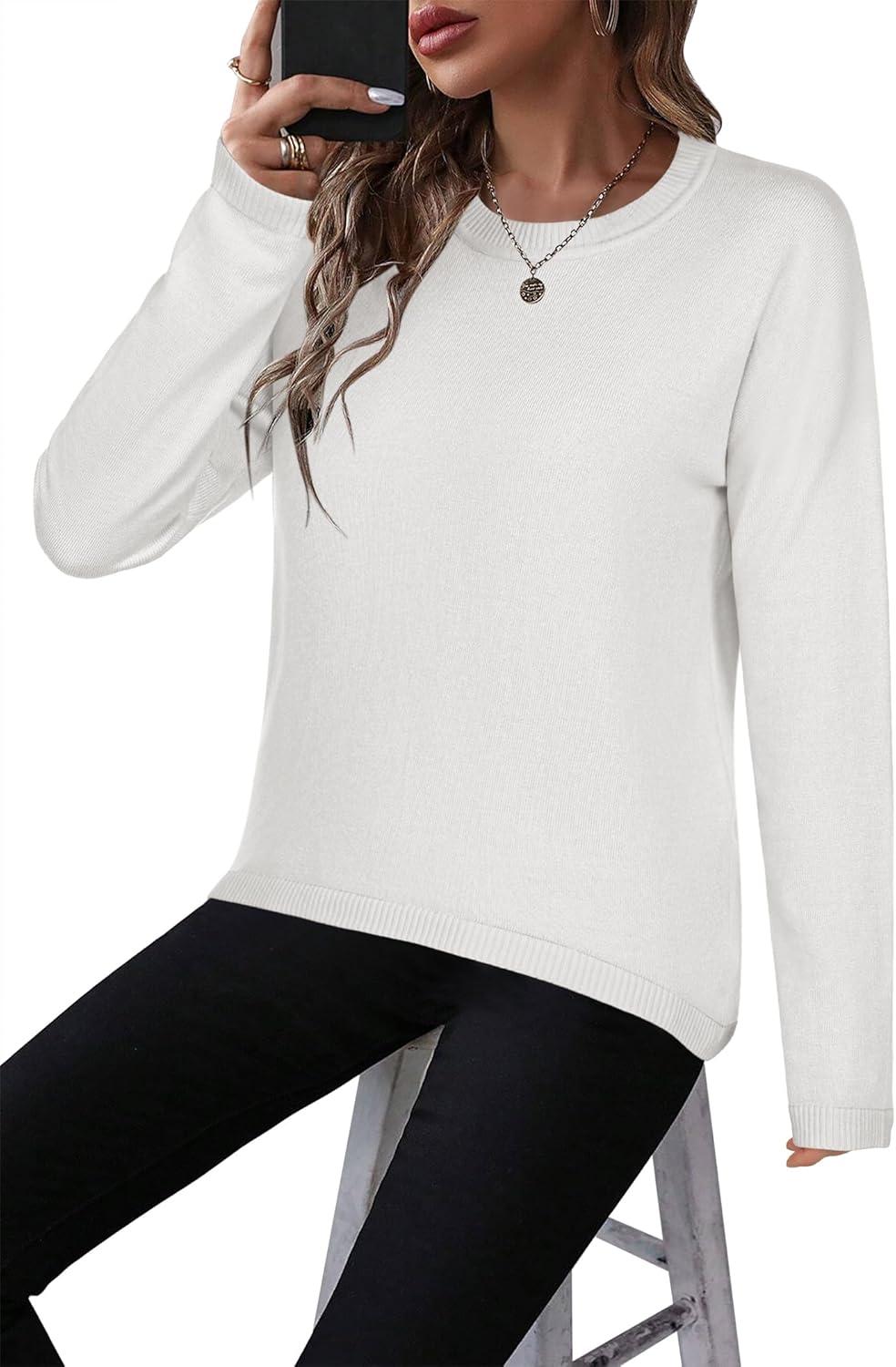 imageZeagoo Sweaters for Women Fall Outfits Trendy 2025 Long Sleeve Shirts Bussiness Casual Knit Pullover Sweater TopsBsolid White Long Sleeve