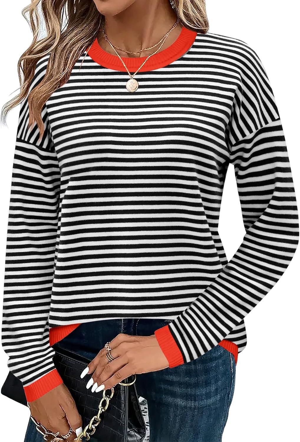 imageZeagoo Sweaters for Women Fall Outfits Trendy 2025 Long Sleeve Shirts Bussiness Casual Knit Pullover Sweater TopsBstriped Black