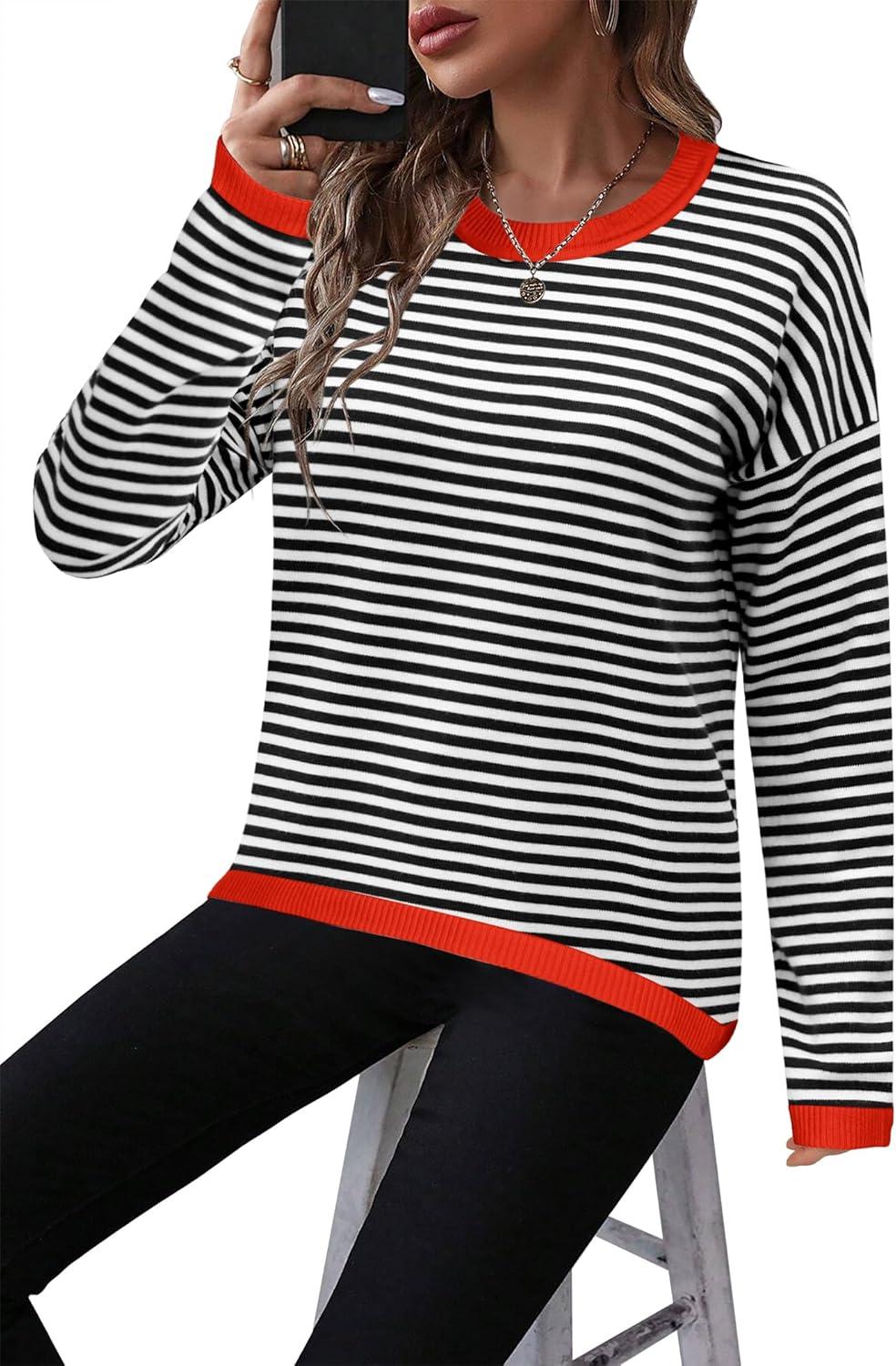 imageZeagoo Sweaters for Women Fall Outfits Trendy 2025 Long Sleeve Shirts Bussiness Casual Knit Pullover Sweater TopsBstriped Black
