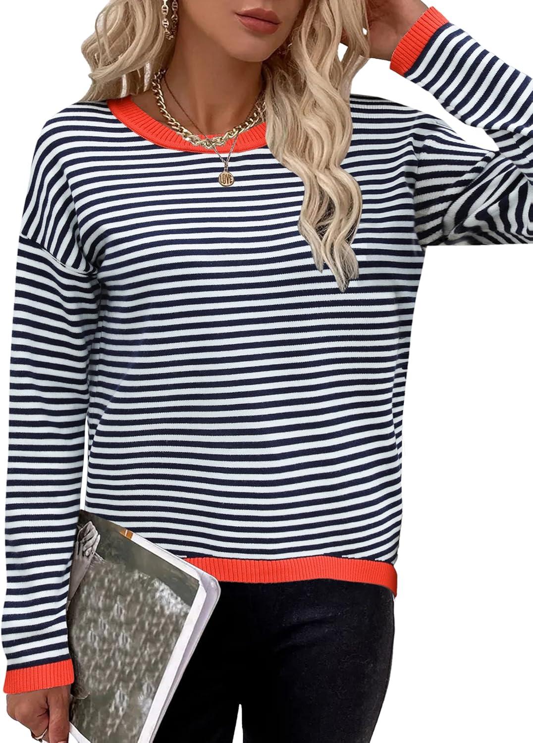 imageZeagoo Sweaters for Women Fall Outfits Trendy 2025 Long Sleeve Shirts Bussiness Casual Knit Pullover Sweater TopsBstriped Blue