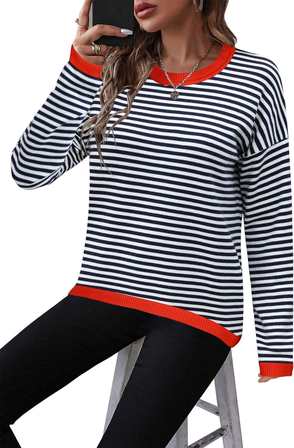 imageZeagoo Sweaters for Women Fall Outfits Trendy 2025 Long Sleeve Shirts Bussiness Casual Knit Pullover Sweater TopsBstriped Blue