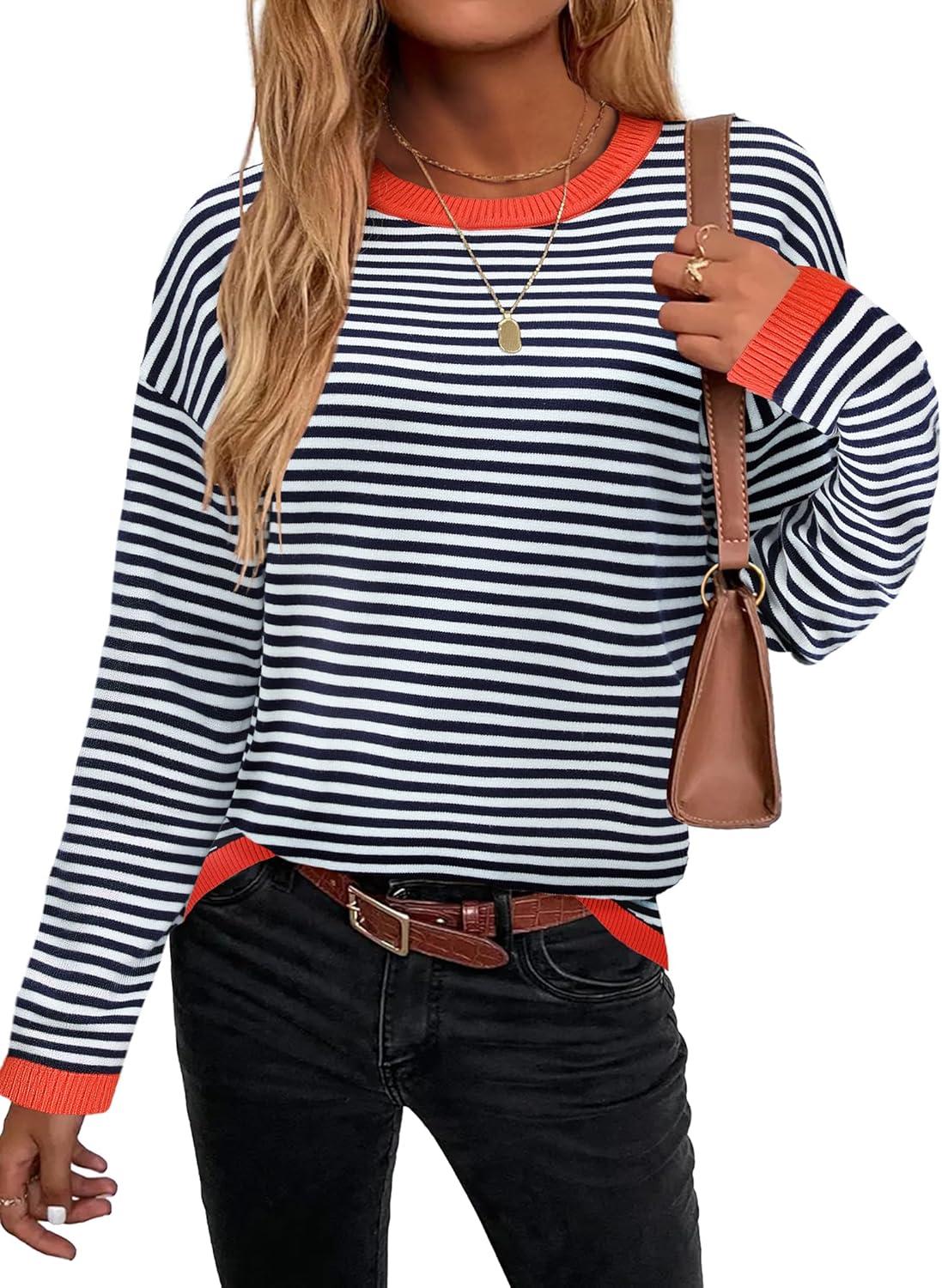 imageZeagoo Sweaters for Women Fall Outfits Trendy 2025 Long Sleeve Shirts Bussiness Casual Knit Pullover Sweater TopsBstriped Blue