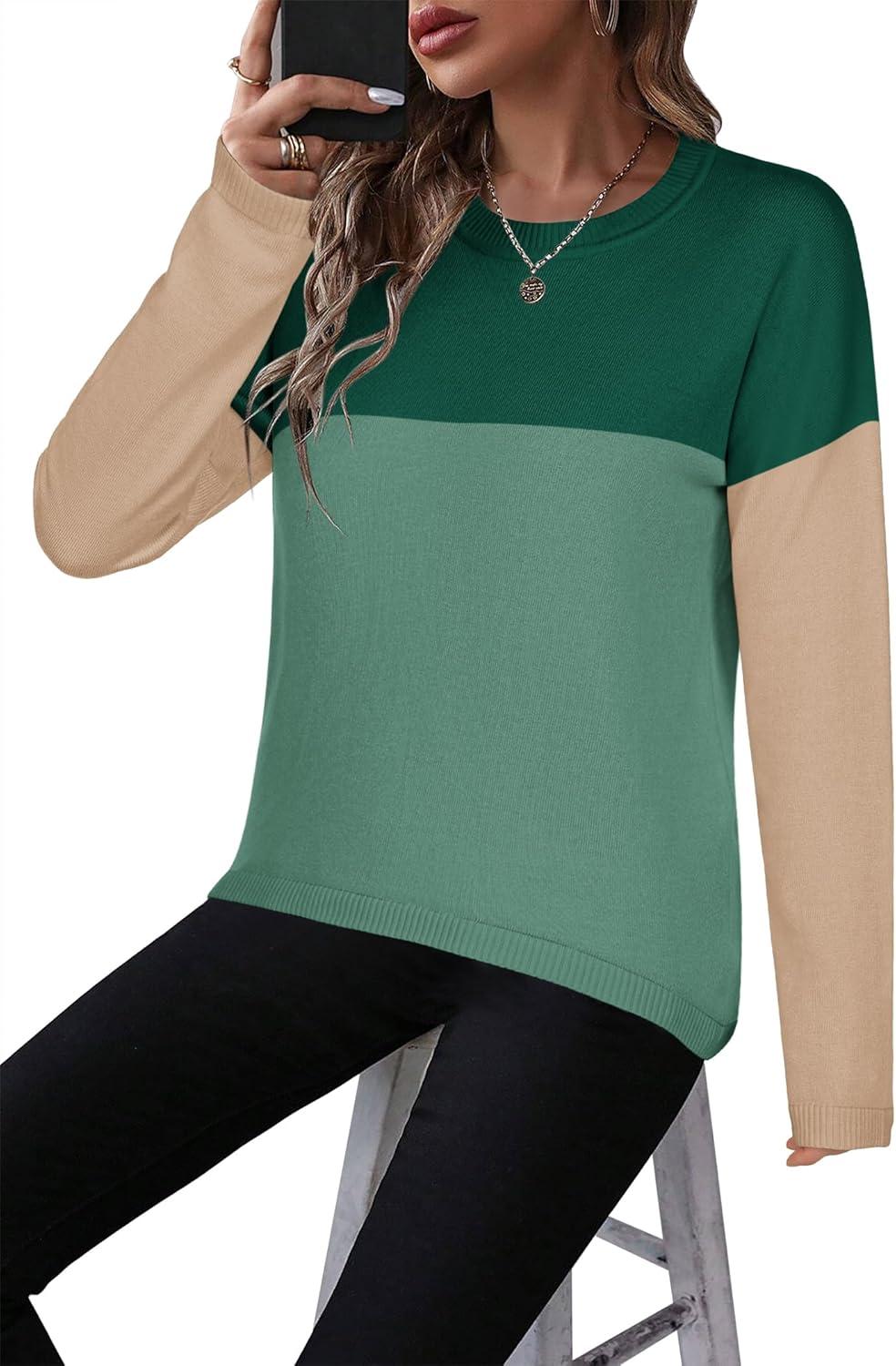 imageZeagoo Sweaters for Women Fall Outfits Trendy 2025 Long Sleeve Shirts Bussiness Casual Knit Pullover Sweater TopsColor Block 3 Green