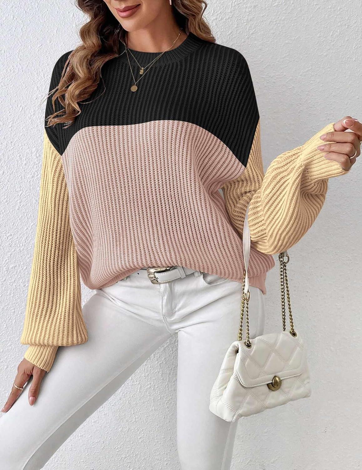 imageZeagoo Women 2026 Fall Lightweight Oversized Sweater Crew Neck Long Sleeve Color Block Pullover Rib Knit Blouse Tops XS2XLBlack Pink