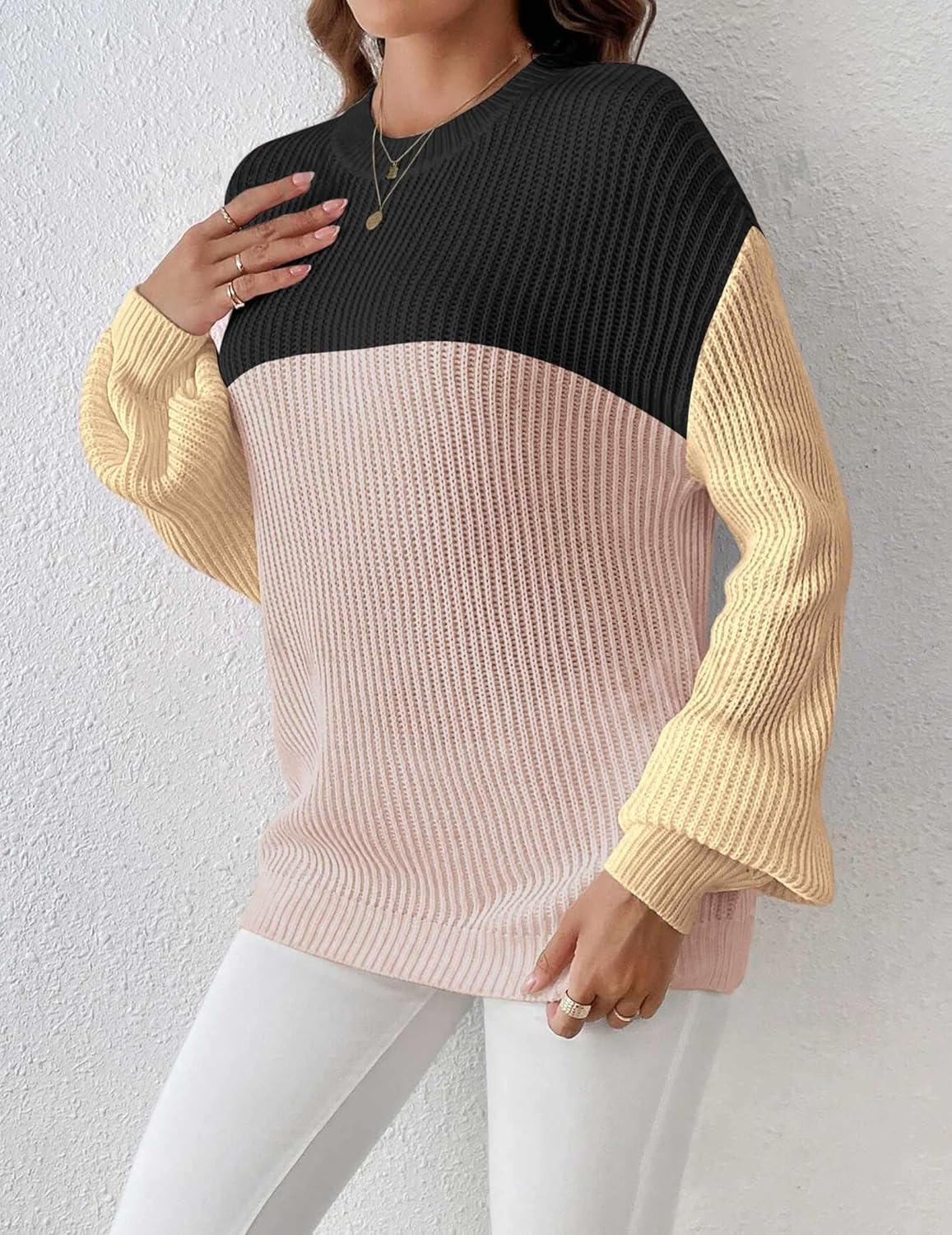 imageZeagoo Women 2026 Fall Lightweight Oversized Sweater Crew Neck Long Sleeve Color Block Pullover Rib Knit Blouse Tops XS2XLBlack Pink