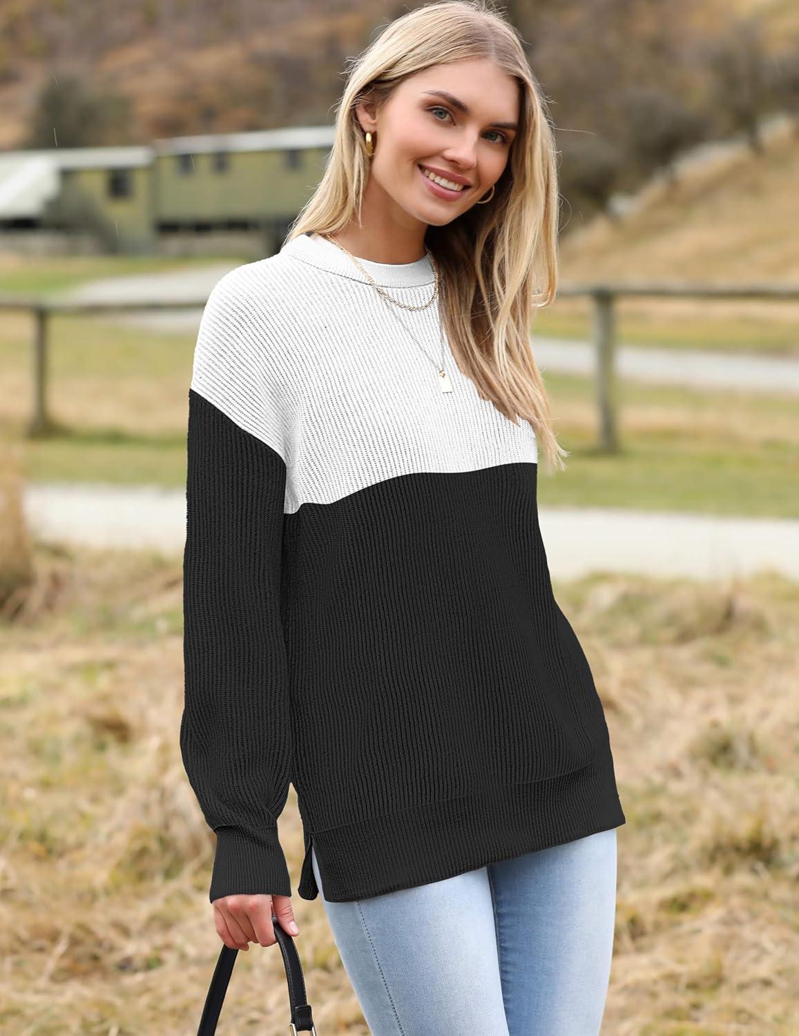 imageZeagoo Women 2026 Fall Lightweight Oversized Sweater Crew Neck Long Sleeve Color Block Pullover Rib Knit Blouse Tops XS2XLBlack and White