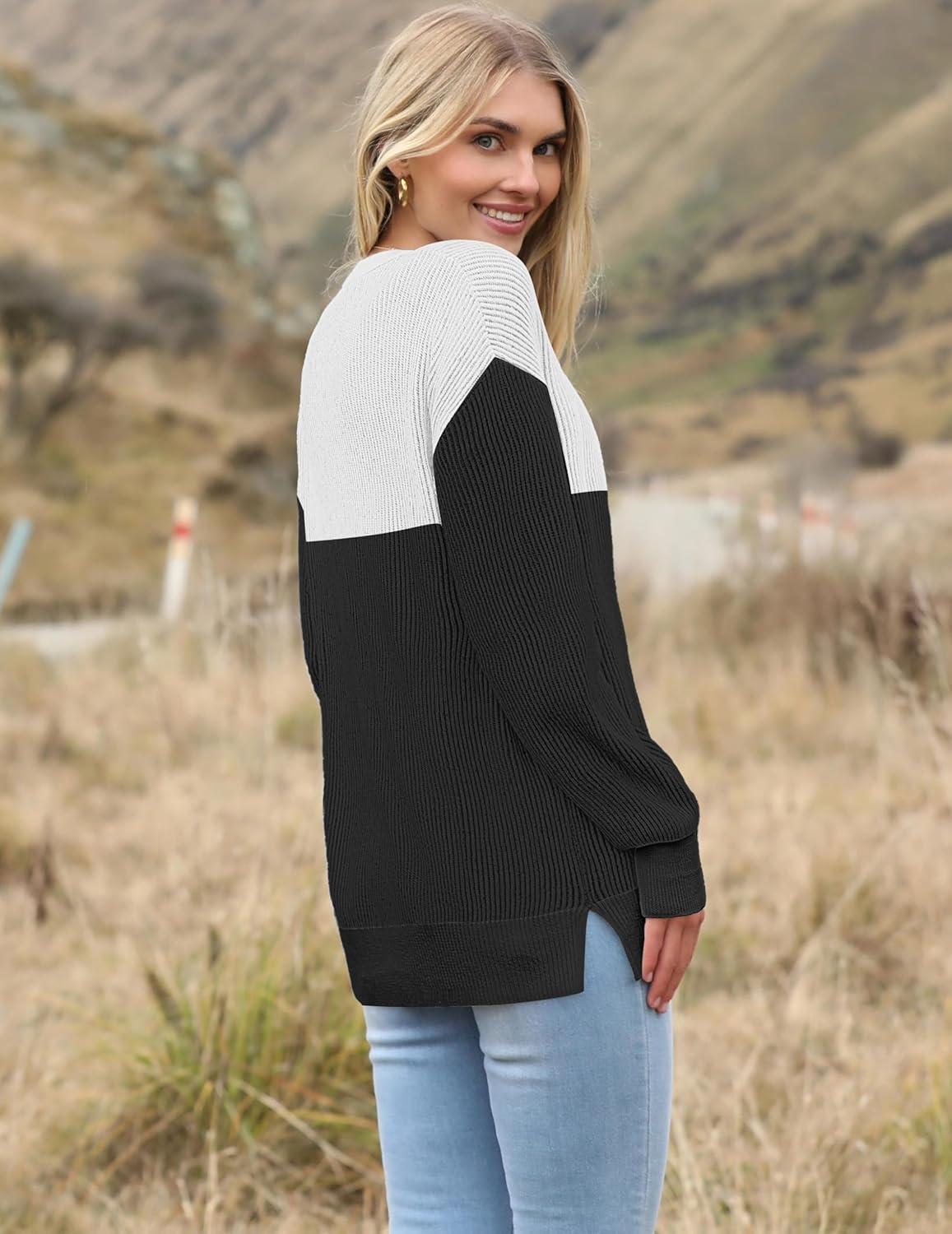 imageZeagoo Women 2026 Fall Lightweight Oversized Sweater Crew Neck Long Sleeve Color Block Pullover Rib Knit Blouse Tops XS2XLBlack and White