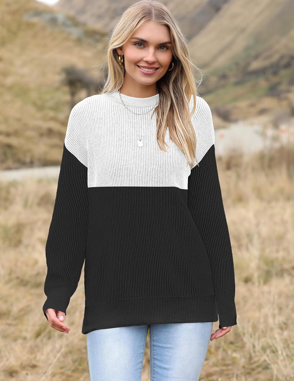 imageZeagoo Women 2026 Fall Lightweight Oversized Sweater Crew Neck Long Sleeve Color Block Pullover Rib Knit Blouse Tops XS2XLBlack and White