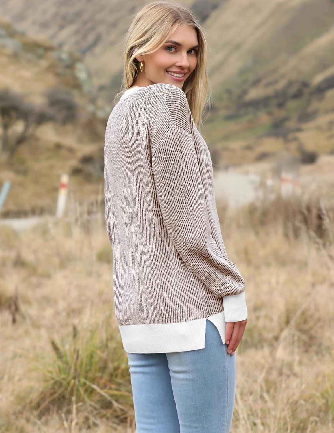 imageZeagoo Women 2026 Fall Lightweight Oversized Sweater Crew Neck Long Sleeve Color Block Pullover Rib Knit Blouse Tops XS2XLBrown