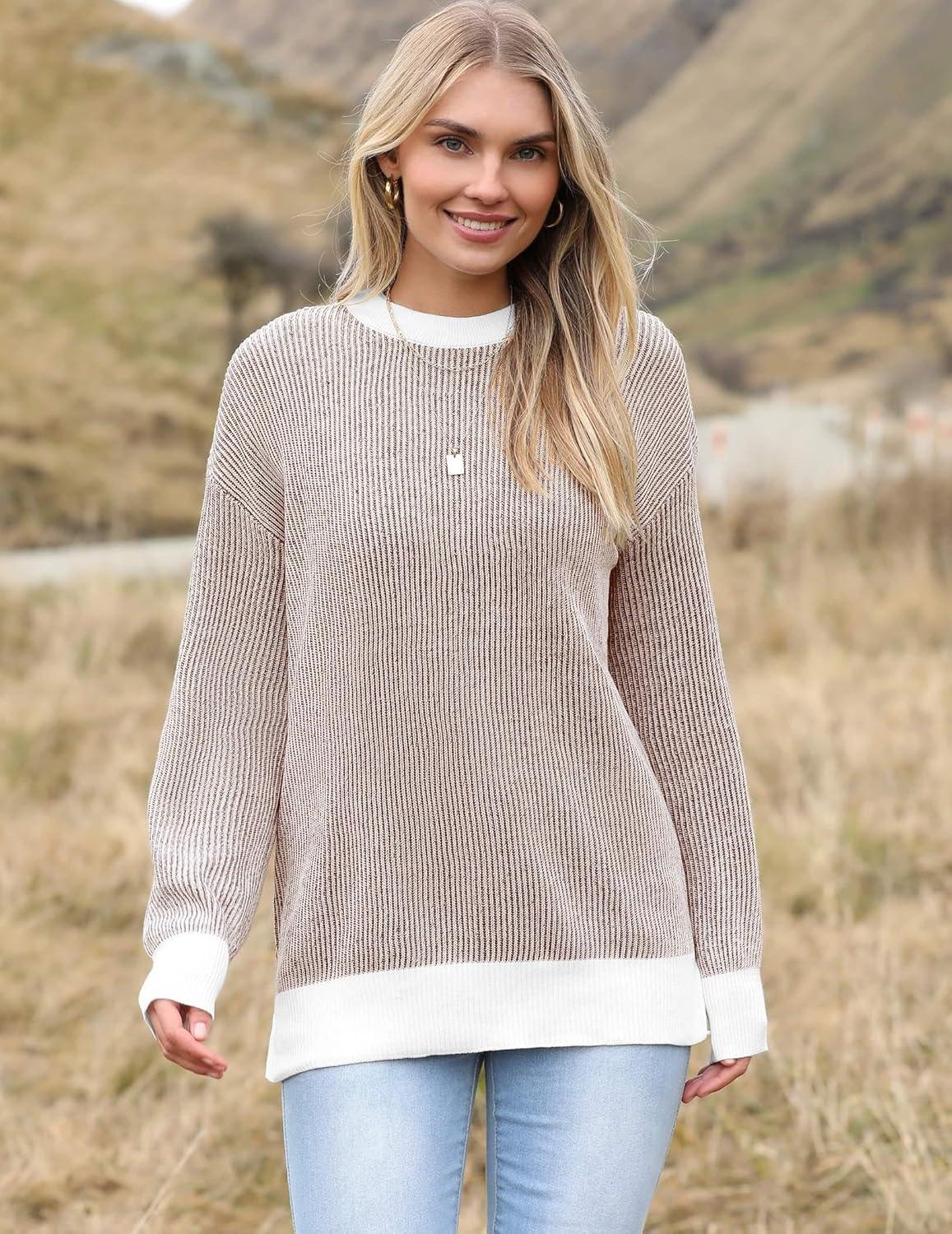 imageZeagoo Women 2026 Fall Lightweight Oversized Sweater Crew Neck Long Sleeve Color Block Pullover Rib Knit Blouse Tops XS2XLBrown