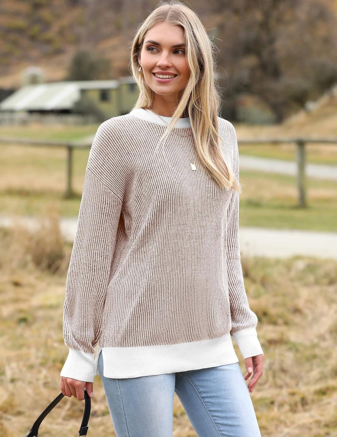 imageZeagoo Women 2026 Fall Lightweight Oversized Sweater Crew Neck Long Sleeve Color Block Pullover Rib Knit Blouse Tops XS2XLBrown