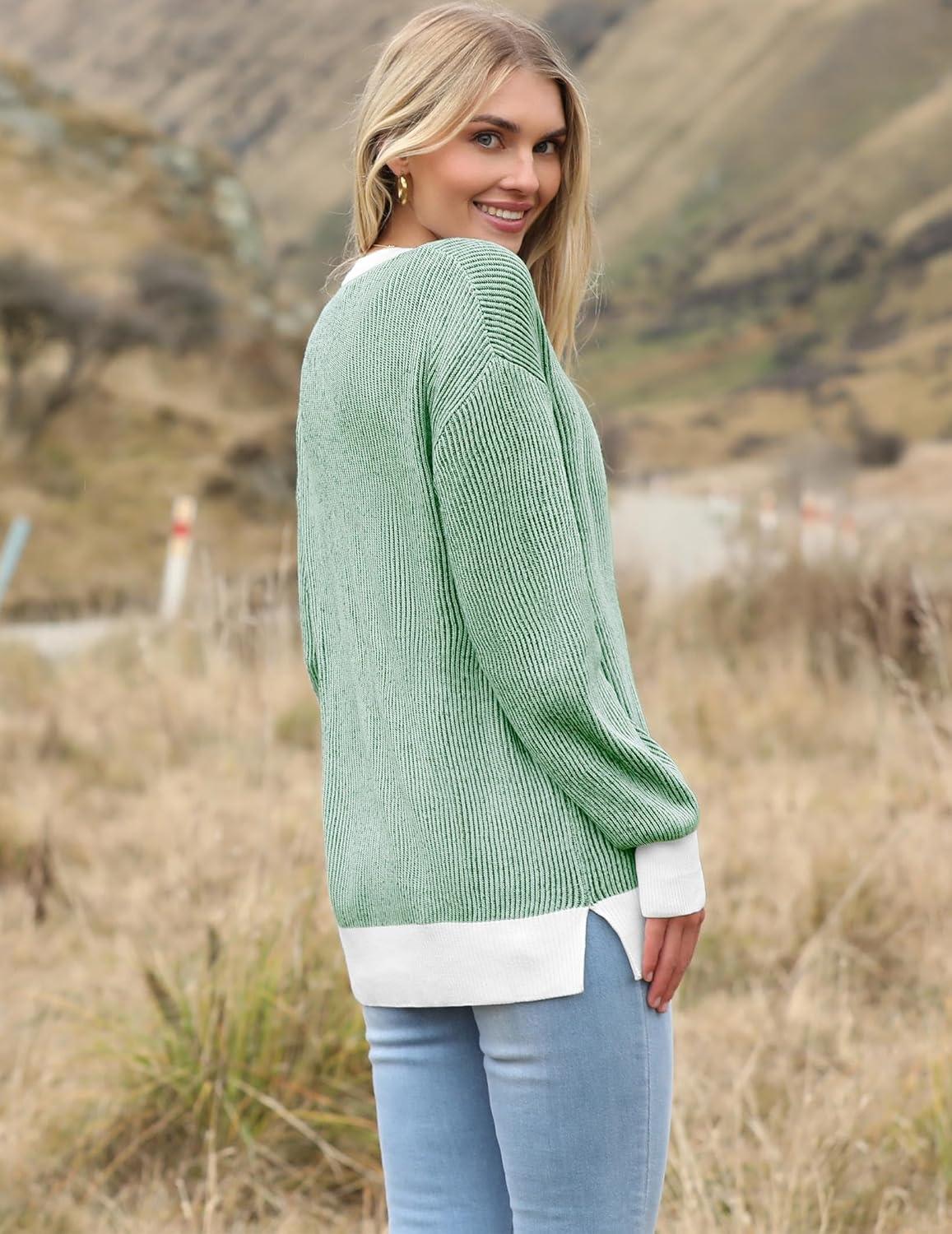 imageZeagoo Women 2026 Fall Lightweight Oversized Sweater Crew Neck Long Sleeve Color Block Pullover Rib Knit Blouse Tops XS2XLLight Green