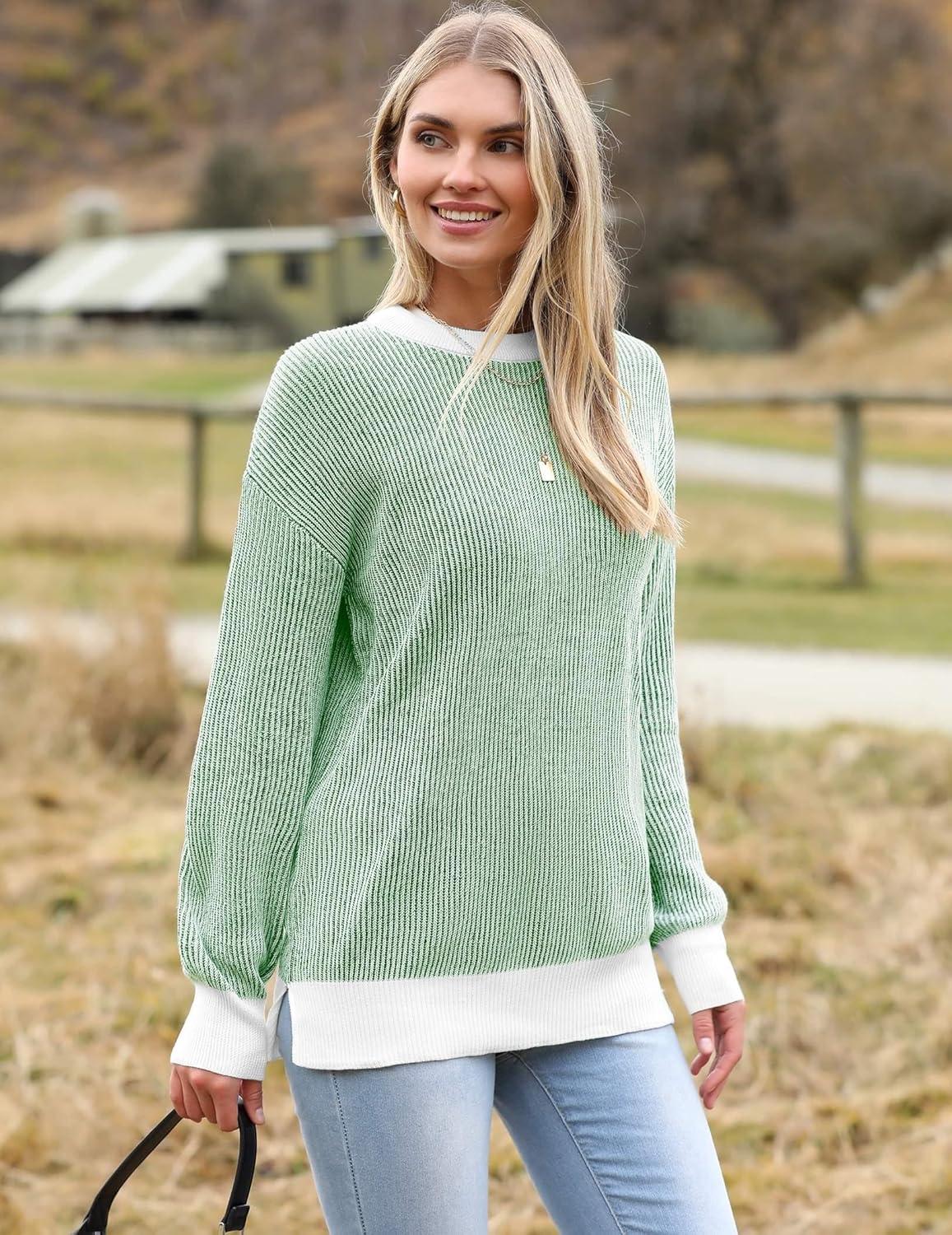 imageZeagoo Women 2026 Fall Lightweight Oversized Sweater Crew Neck Long Sleeve Color Block Pullover Rib Knit Blouse Tops XS2XLLight Green