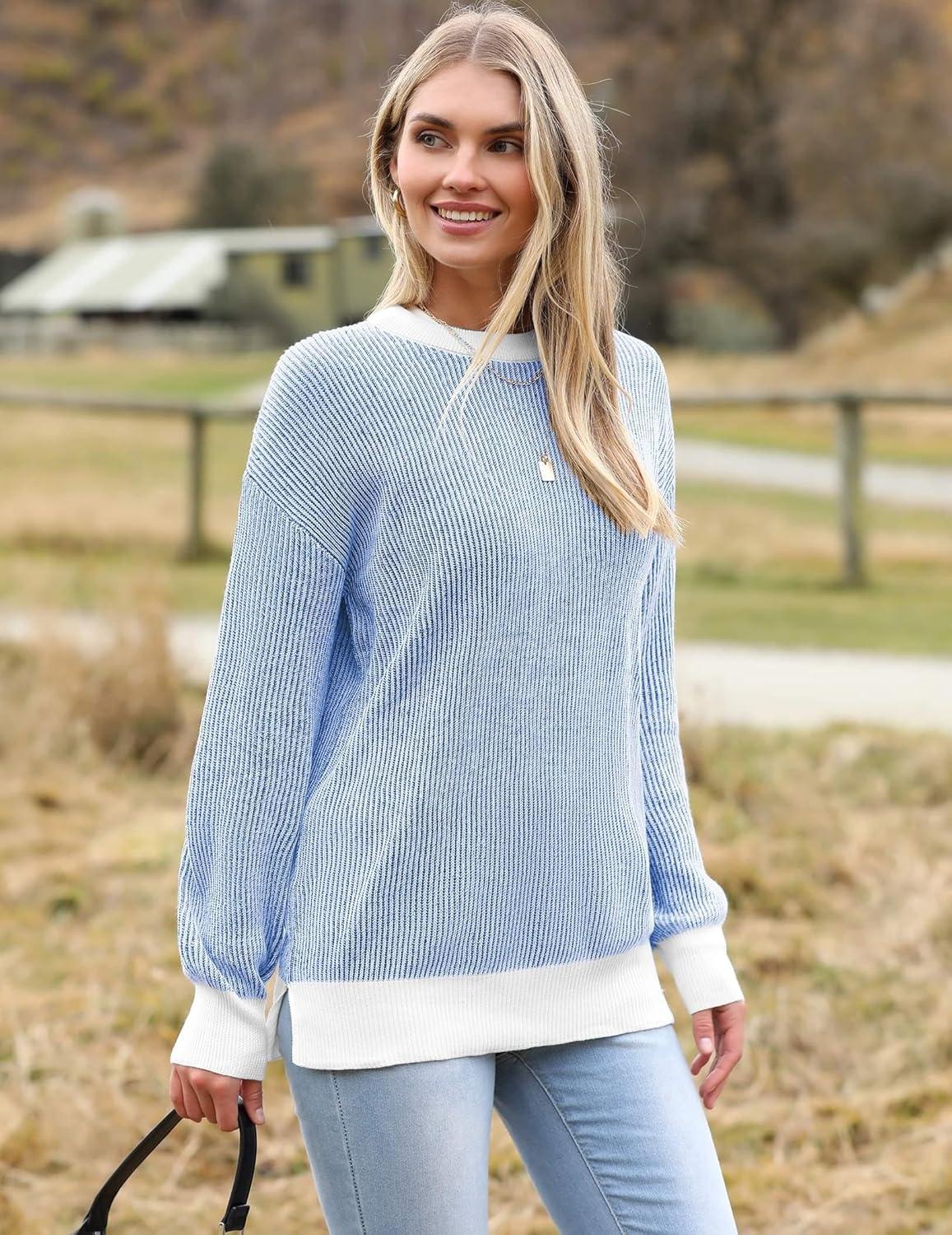 imageZeagoo Women 2026 Fall Lightweight Oversized Sweater Crew Neck Long Sleeve Color Block Pullover Rib Knit Blouse Tops XS2XLNavy Blue