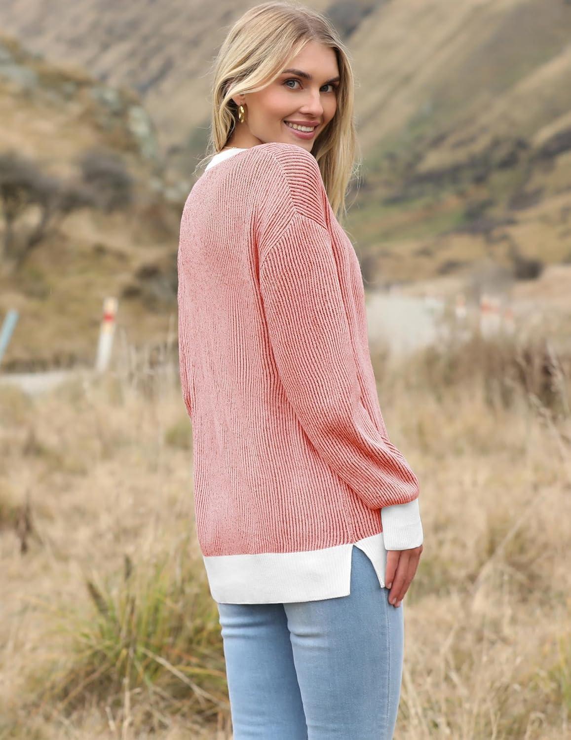 imageZeagoo Women 2026 Fall Lightweight Oversized Sweater Crew Neck Long Sleeve Color Block Pullover Rib Knit Blouse Tops XS2XLRed