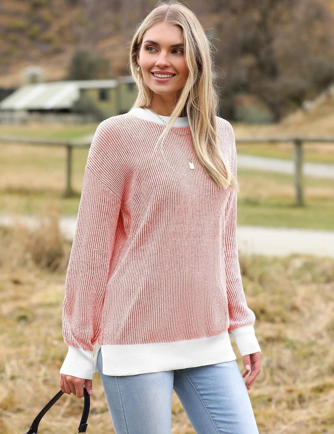 imageZeagoo Women 2026 Fall Lightweight Oversized Sweater Crew Neck Long Sleeve Color Block Pullover Rib Knit Blouse Tops XS2XLRed