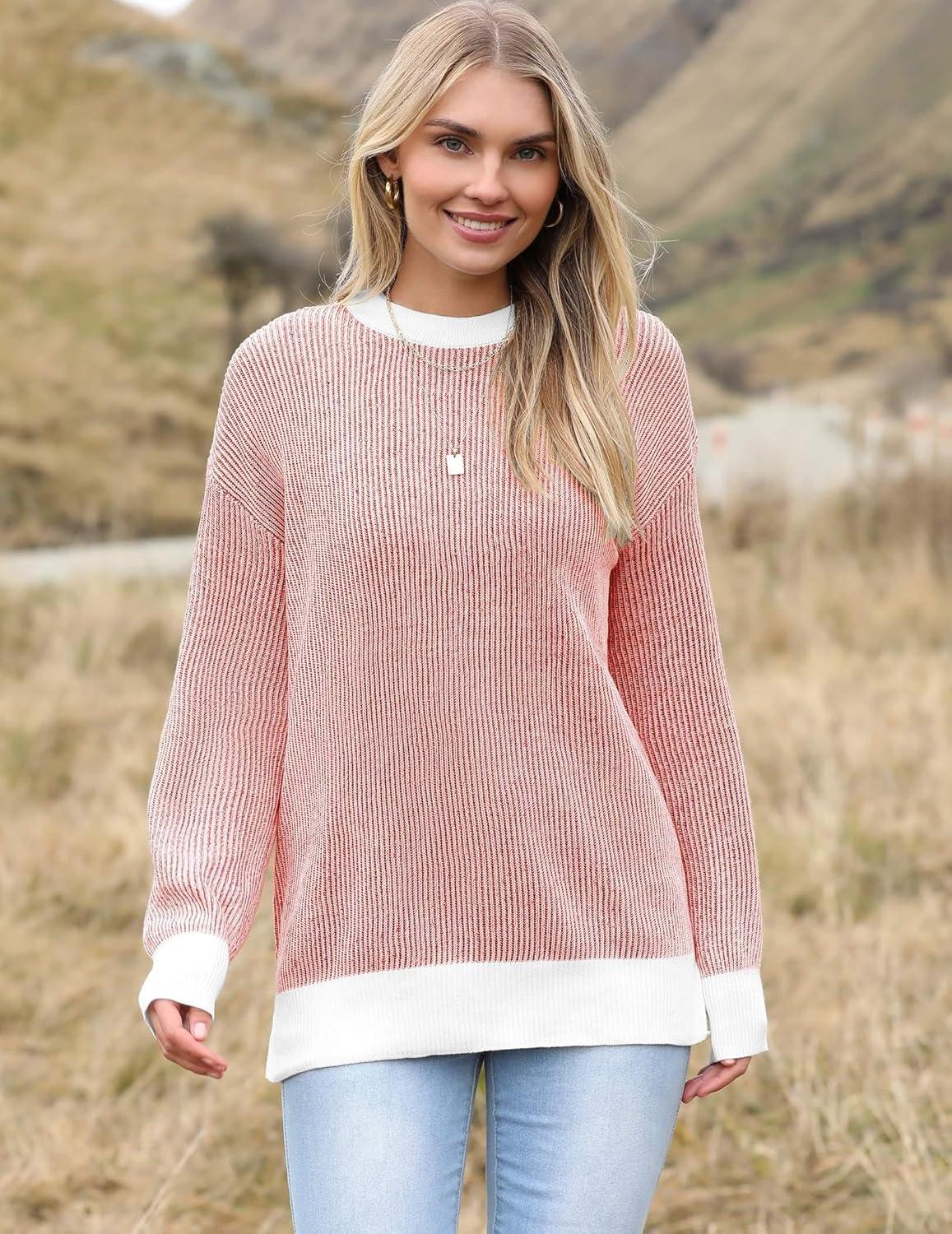 imageZeagoo Women 2026 Fall Lightweight Oversized Sweater Crew Neck Long Sleeve Color Block Pullover Rib Knit Blouse Tops XS2XLRed