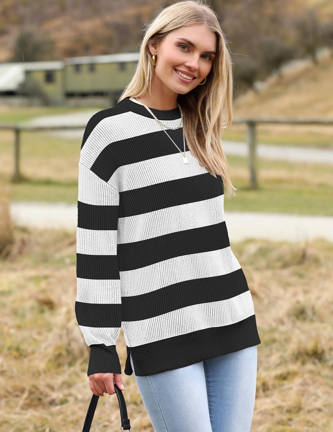 imageZeagoo Women 2026 Fall Lightweight Oversized Sweater Crew Neck Long Sleeve Color Block Pullover Rib Knit Blouse Tops XS2XLSmall Black Striped Color Bloack White