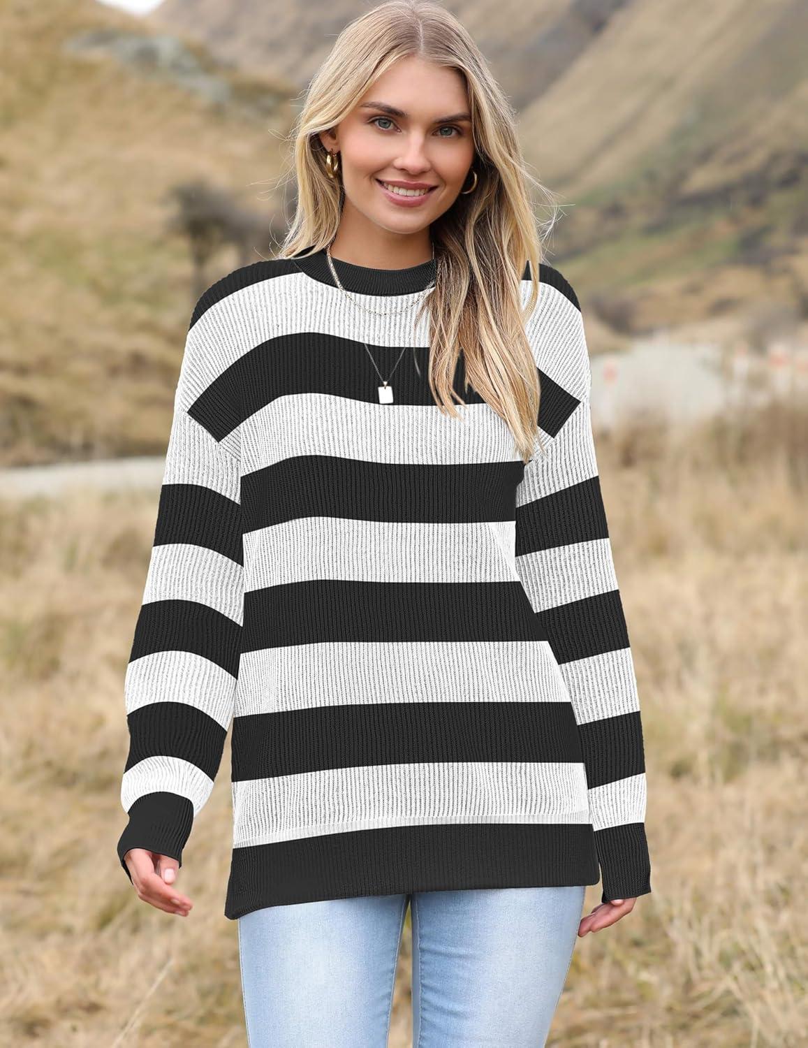 imageZeagoo Women 2026 Fall Lightweight Oversized Sweater Crew Neck Long Sleeve Color Block Pullover Rib Knit Blouse Tops XS2XLSmall Black Striped Color Bloack White