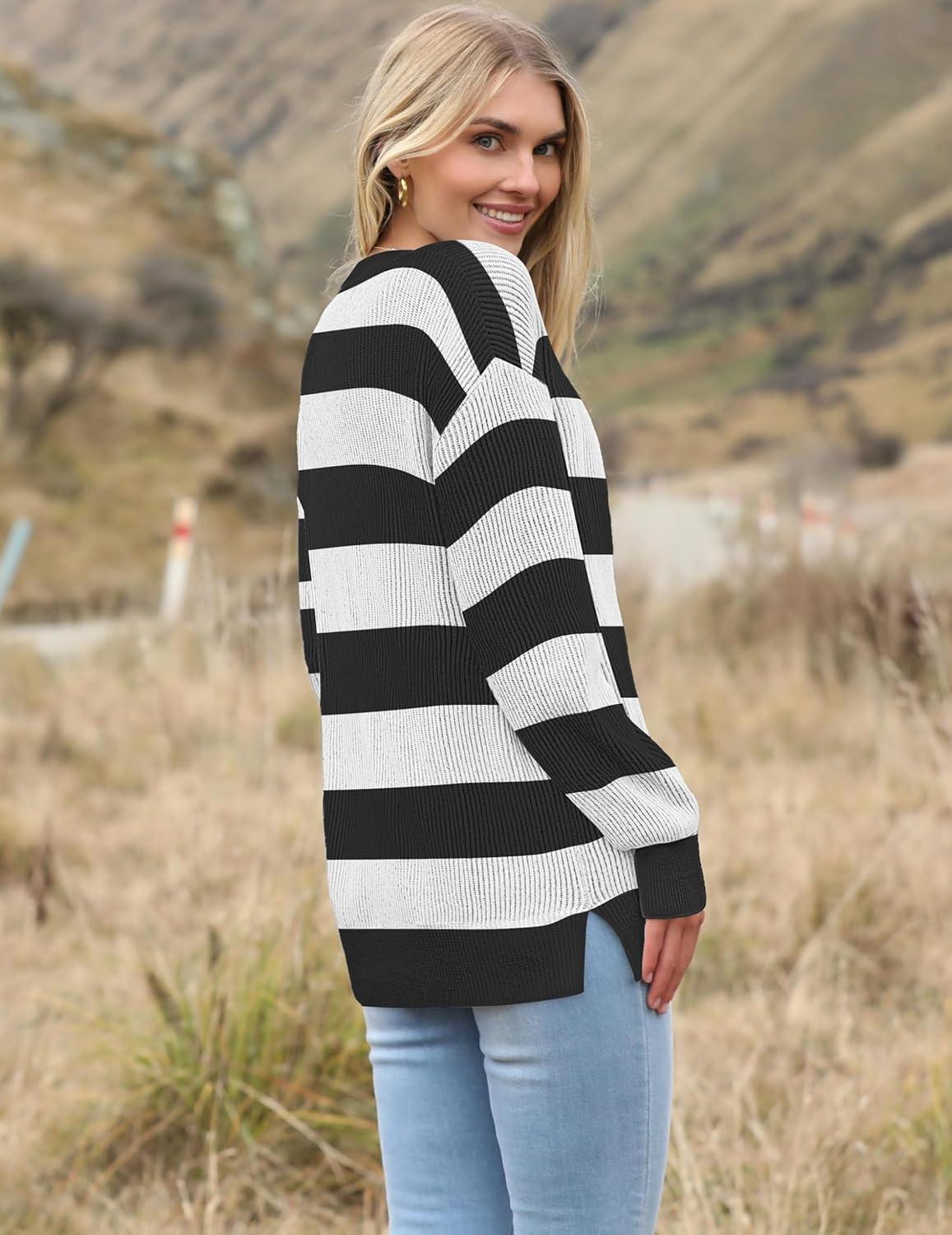 imageZeagoo Women 2026 Fall Lightweight Oversized Sweater Crew Neck Long Sleeve Color Block Pullover Rib Knit Blouse Tops XS2XLSmall Black Striped Color Bloack White