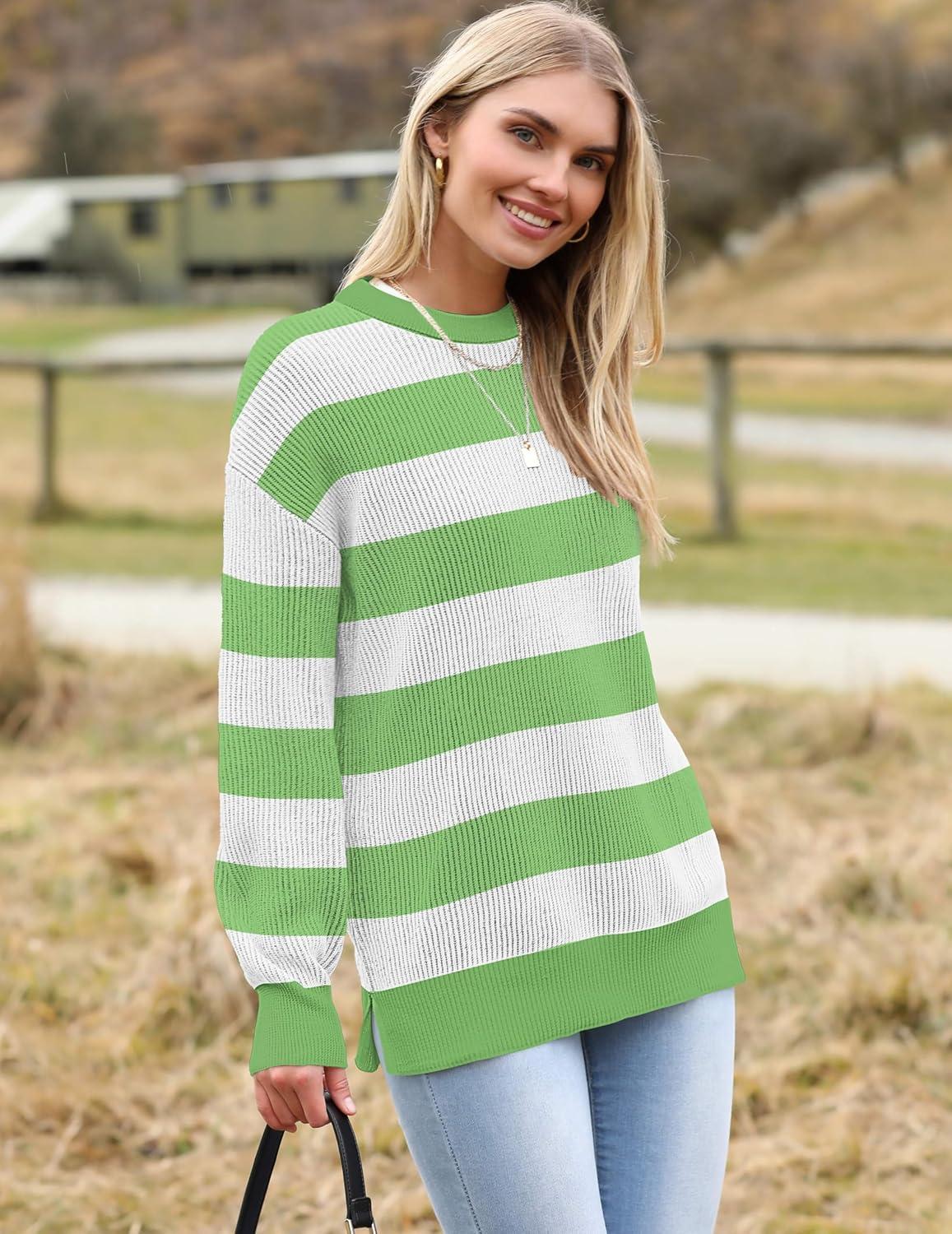 imageZeagoo Women 2026 Fall Lightweight Oversized Sweater Crew Neck Long Sleeve Color Block Pullover Rib Knit Blouse Tops XS2XLWhite Green Striped