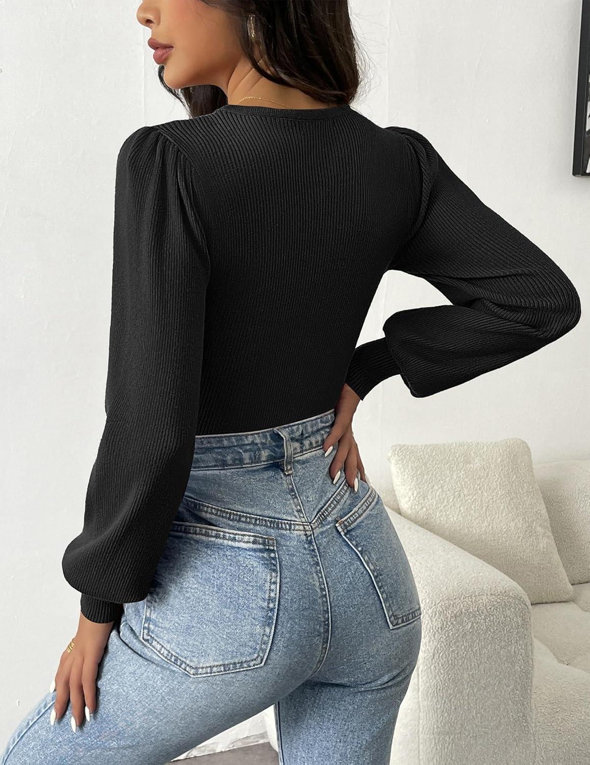 imageZeagoo Women 2026 Long Puff Sleeve Sweater Fall Slim Fit Pullover Tops Crewneck Ribbed Knit Bodysuit JumpsuitBlack