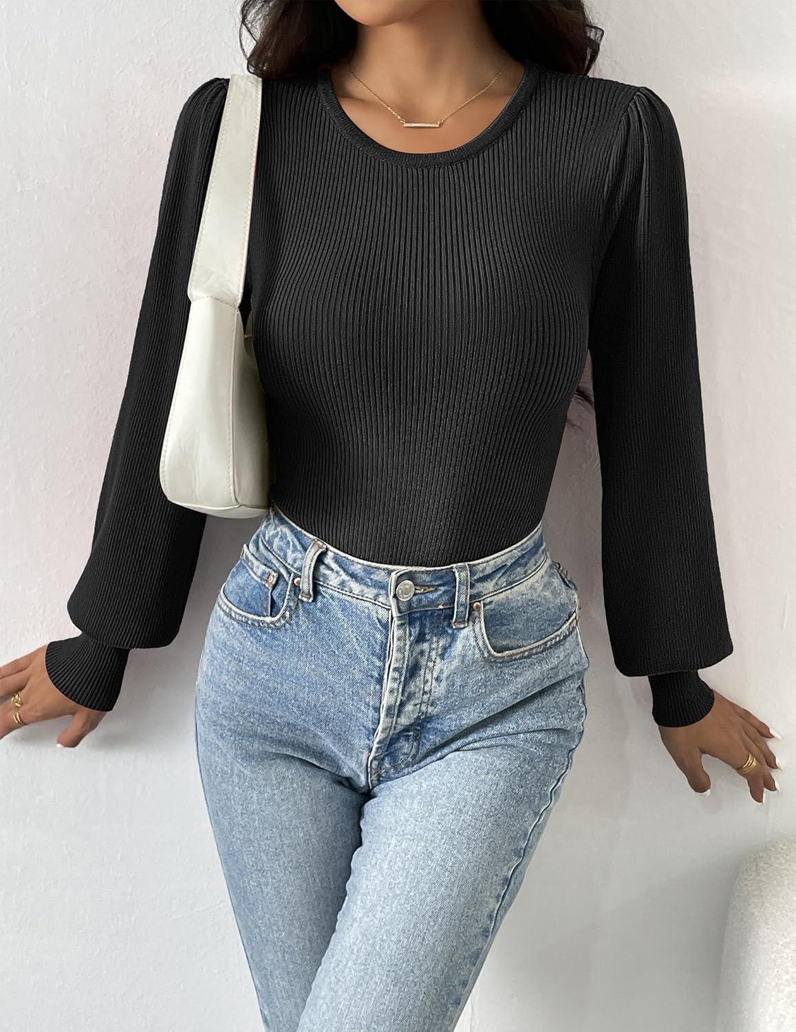 imageZeagoo Women 2026 Long Puff Sleeve Sweater Fall Slim Fit Pullover Tops Crewneck Ribbed Knit Bodysuit JumpsuitBlack