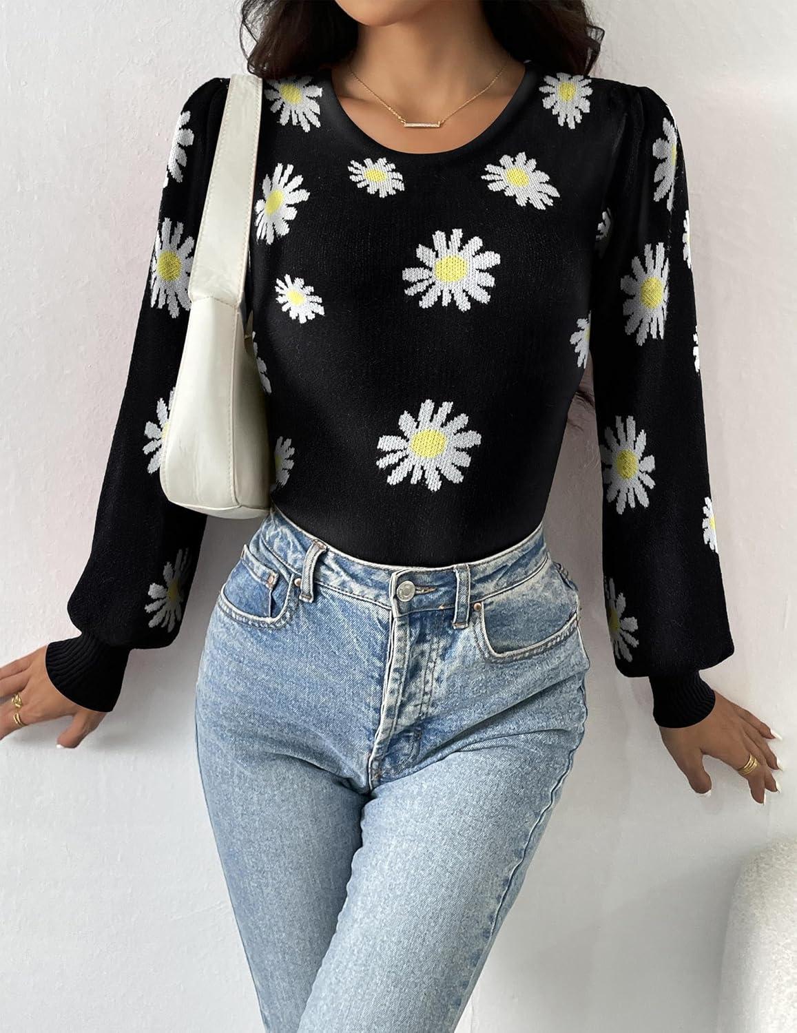 imageZeagoo Women 2026 Long Puff Sleeve Sweater Fall Slim Fit Pullover Tops Crewneck Ribbed Knit Bodysuit JumpsuitBlack Flower