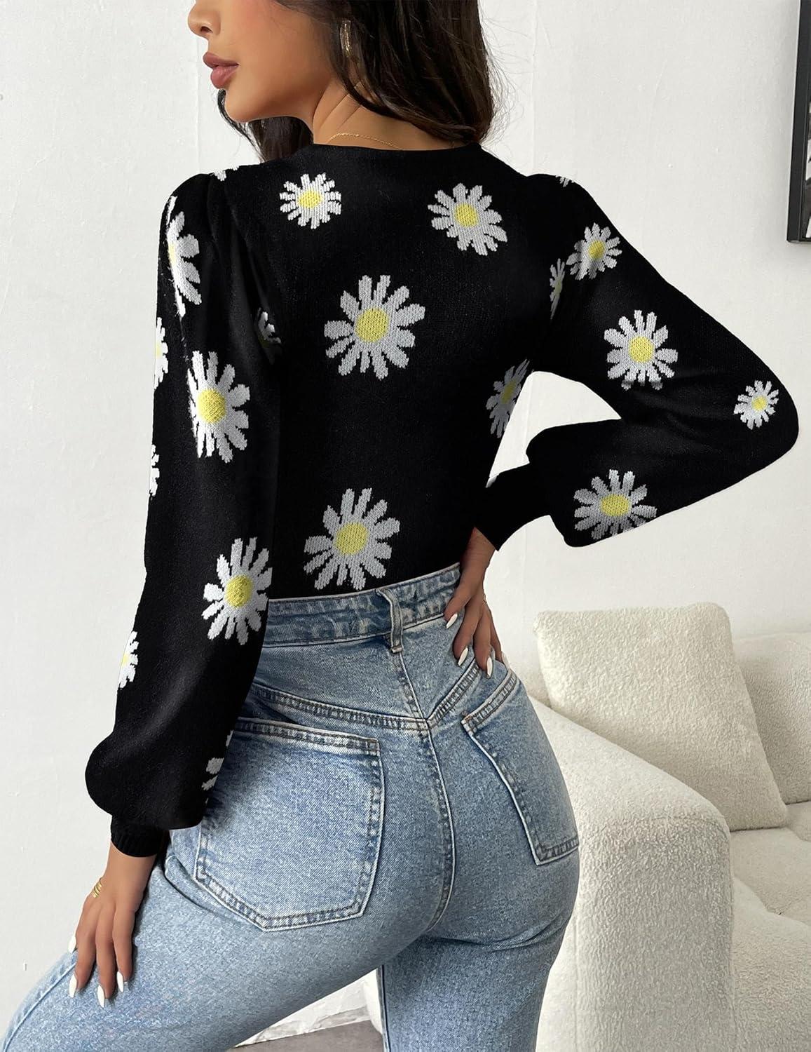 imageZeagoo Women 2026 Long Puff Sleeve Sweater Fall Slim Fit Pullover Tops Crewneck Ribbed Knit Bodysuit JumpsuitBlack Flower