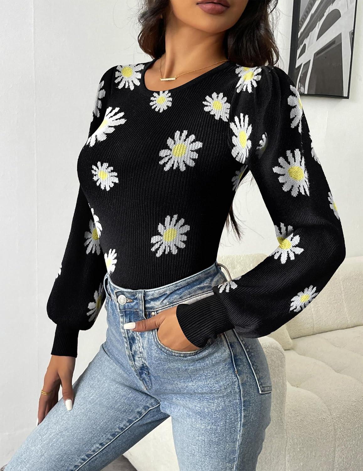 imageZeagoo Women 2026 Long Puff Sleeve Sweater Fall Slim Fit Pullover Tops Crewneck Ribbed Knit Bodysuit JumpsuitBlack Flower