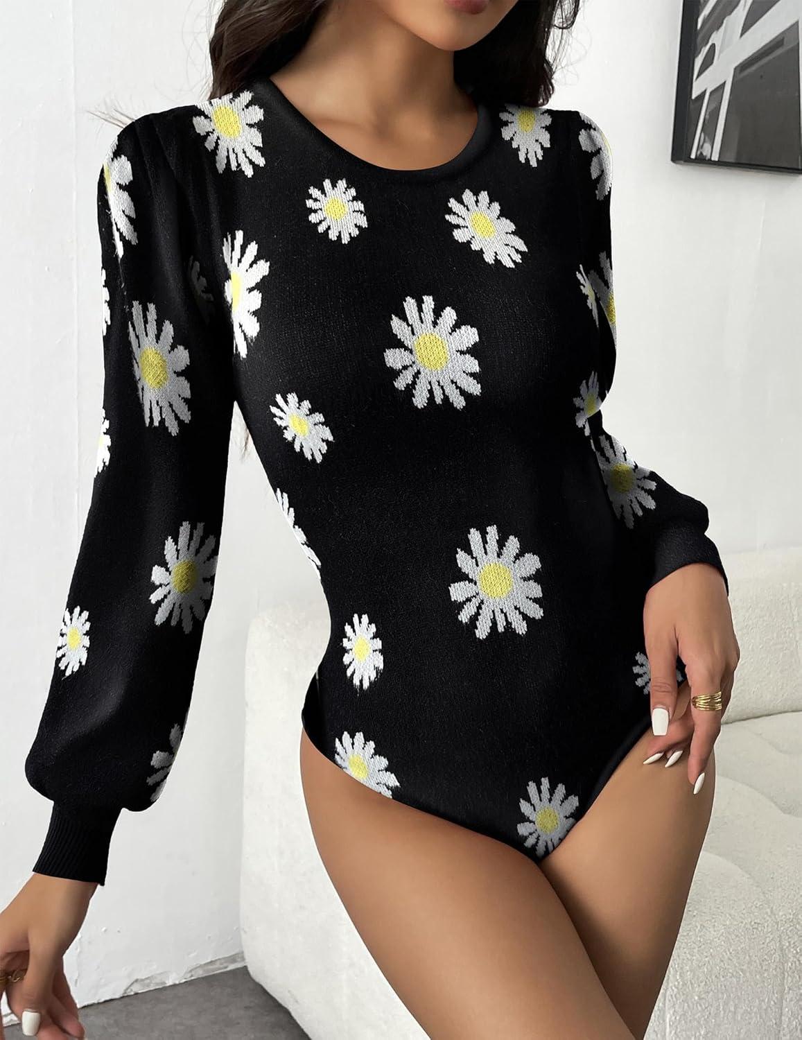 imageZeagoo Women 2026 Long Puff Sleeve Sweater Fall Slim Fit Pullover Tops Crewneck Ribbed Knit Bodysuit JumpsuitBlack Flower