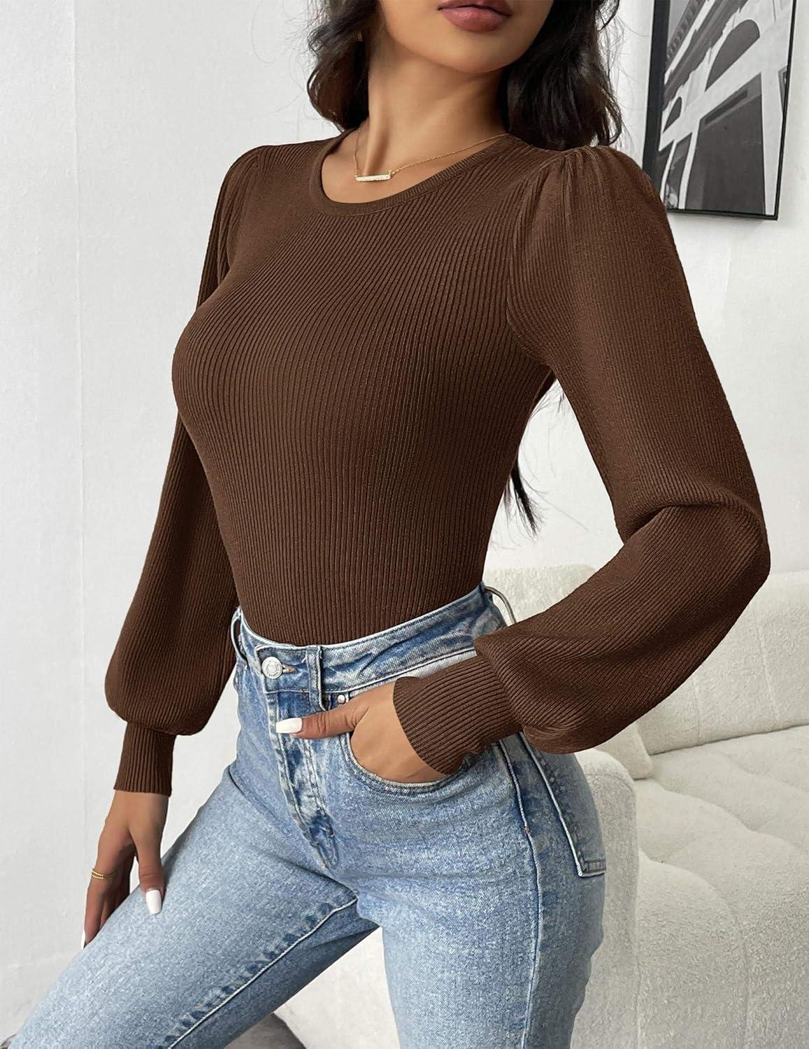 imageZeagoo Women 2026 Long Puff Sleeve Sweater Fall Slim Fit Pullover Tops Crewneck Ribbed Knit Bodysuit JumpsuitBrown