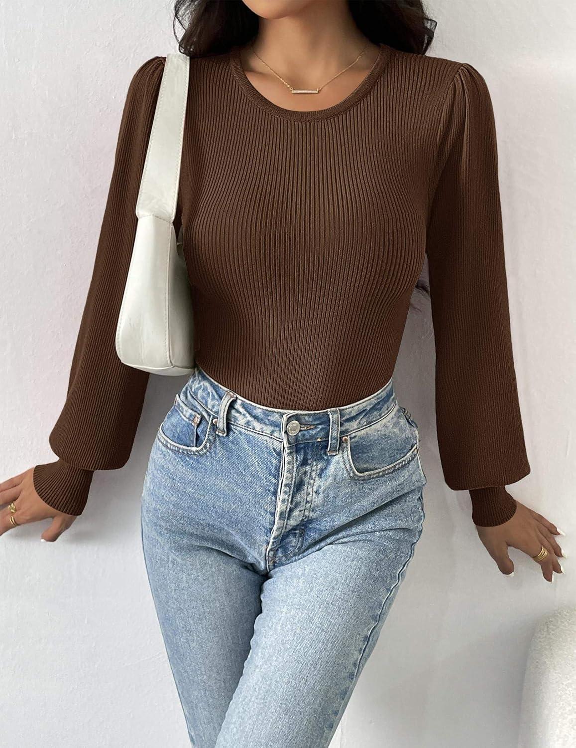 imageZeagoo Women 2026 Long Puff Sleeve Sweater Fall Slim Fit Pullover Tops Crewneck Ribbed Knit Bodysuit JumpsuitBrown