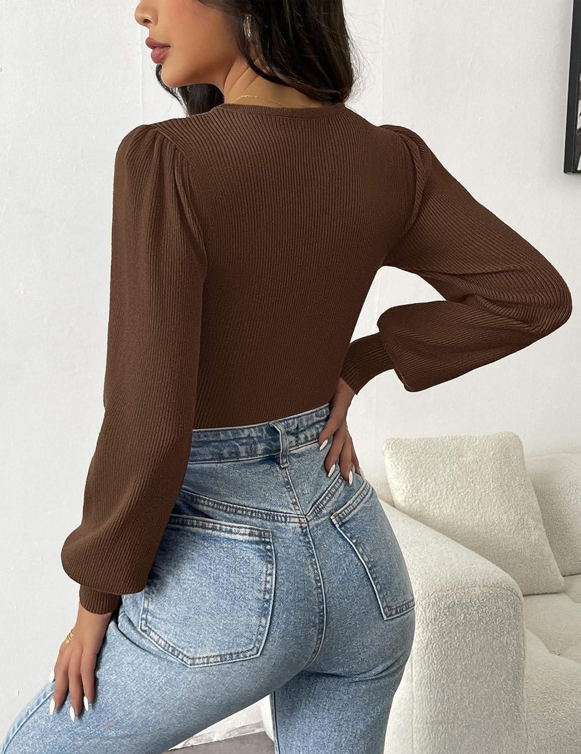 imageZeagoo Women 2026 Long Puff Sleeve Sweater Fall Slim Fit Pullover Tops Crewneck Ribbed Knit Bodysuit JumpsuitBrown