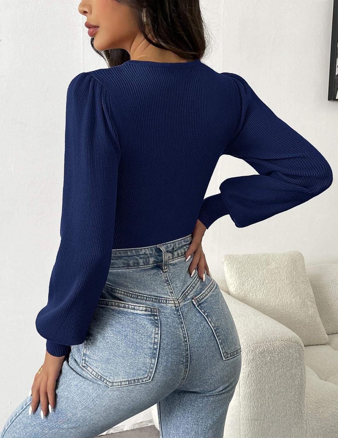 imageZeagoo Women 2026 Long Puff Sleeve Sweater Fall Slim Fit Pullover Tops Crewneck Ribbed Knit Bodysuit JumpsuitNavy Blue Light
