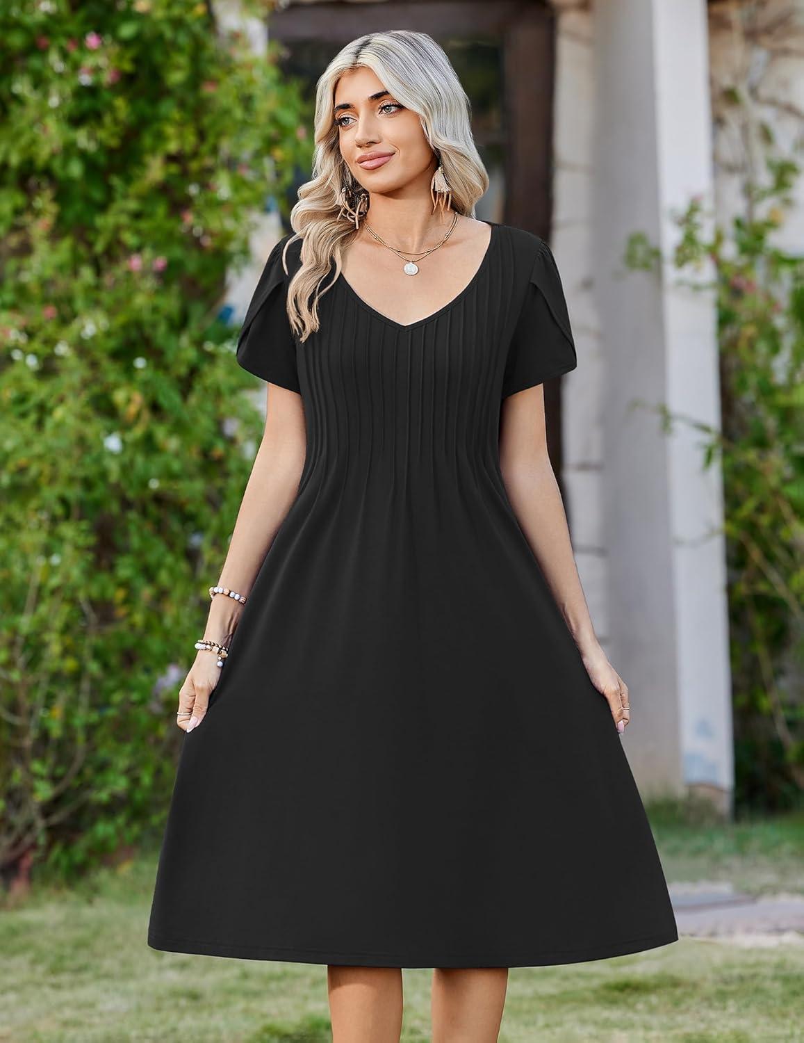 imageZeagoo Women Midi Dresses for Summer 2026 Short Sleeve Casual Flowy Dress A Line Pleated V Neck Beach Sundress with PocketsBlack