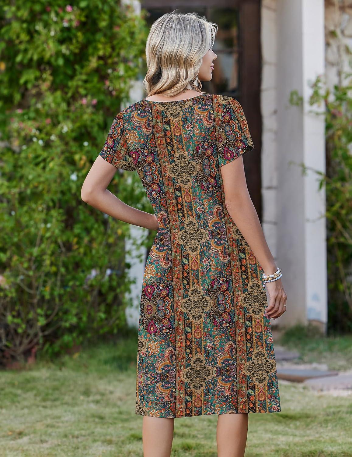imageZeagoo Women Midi Dresses for Summer 2026 Short Sleeve Casual Flowy Dress A Line Pleated V Neck Beach Sundress with PocketsEthnic Flowers