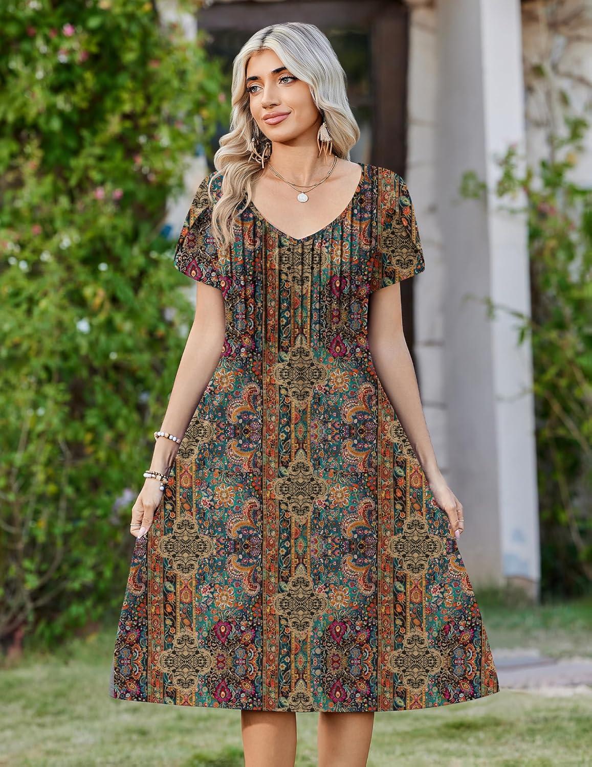 imageZeagoo Women Midi Dresses for Summer 2026 Short Sleeve Casual Flowy Dress A Line Pleated V Neck Beach Sundress with PocketsEthnic Flowers
