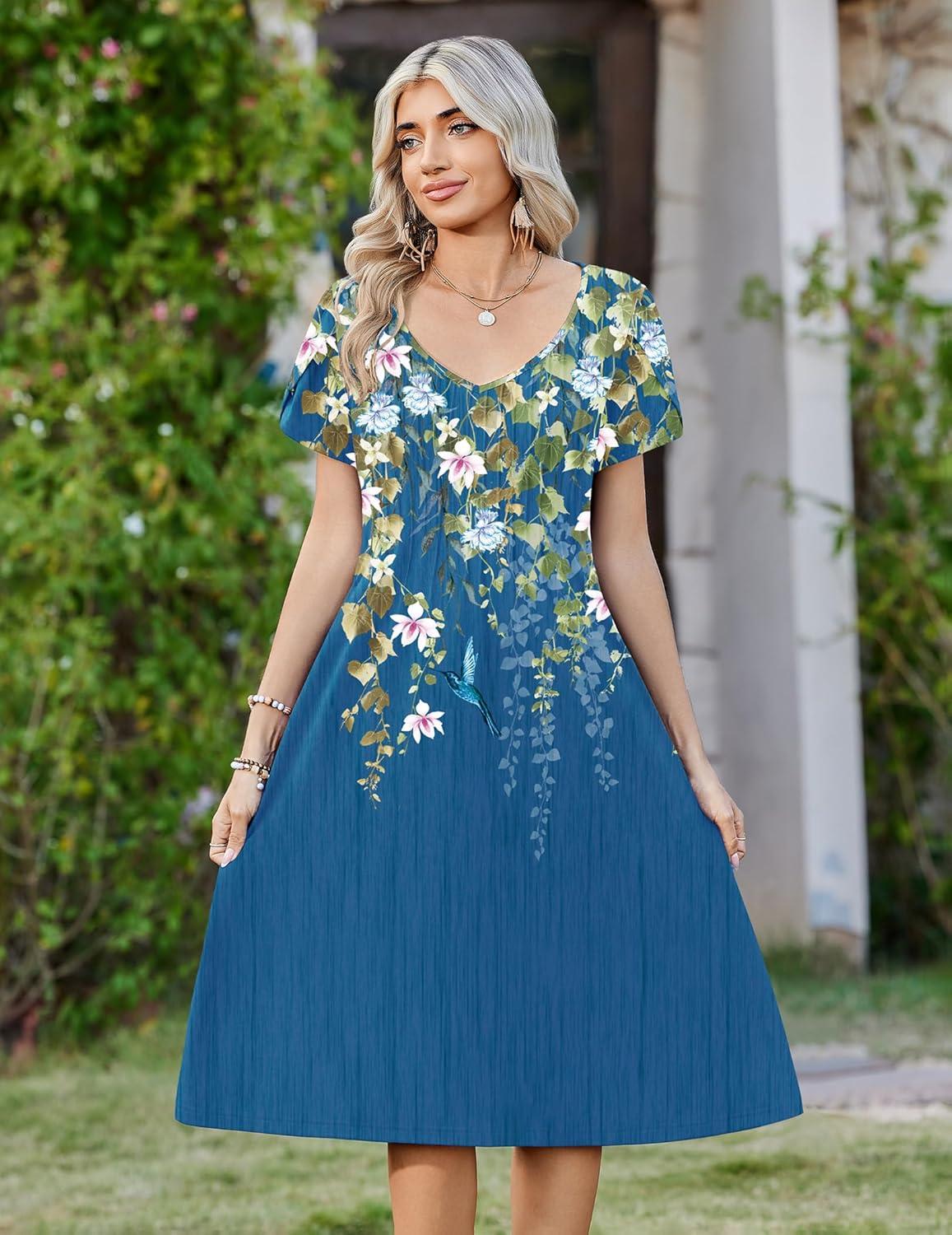 imageZeagoo Women Midi Dresses for Summer 2026 Short Sleeve Casual Flowy Dress A Line Pleated V Neck Beach Sundress with PocketsFloral Blue