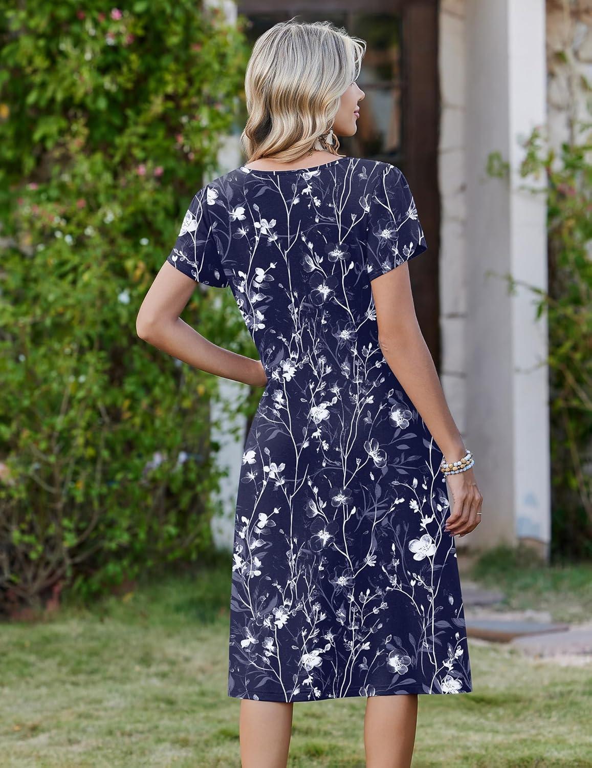 imageZeagoo Women Midi Dresses for Summer 2026 Short Sleeve Casual Flowy Dress A Line Pleated V Neck Beach Sundress with PocketsFloral Blue White