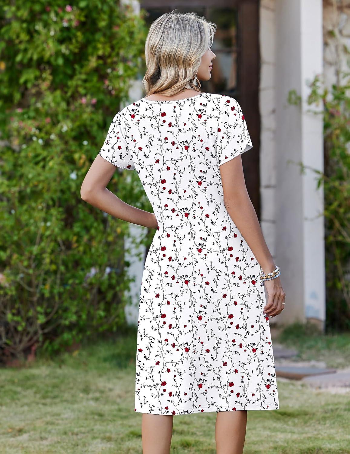imageZeagoo Women Midi Dresses for Summer 2026 Short Sleeve Casual Flowy Dress A Line Pleated V Neck Beach Sundress with PocketsFloral White Red