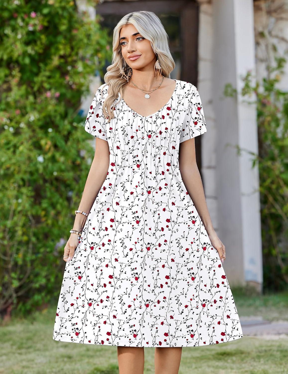 imageZeagoo Women Midi Dresses for Summer 2026 Short Sleeve Casual Flowy Dress A Line Pleated V Neck Beach Sundress with PocketsFloral White Red