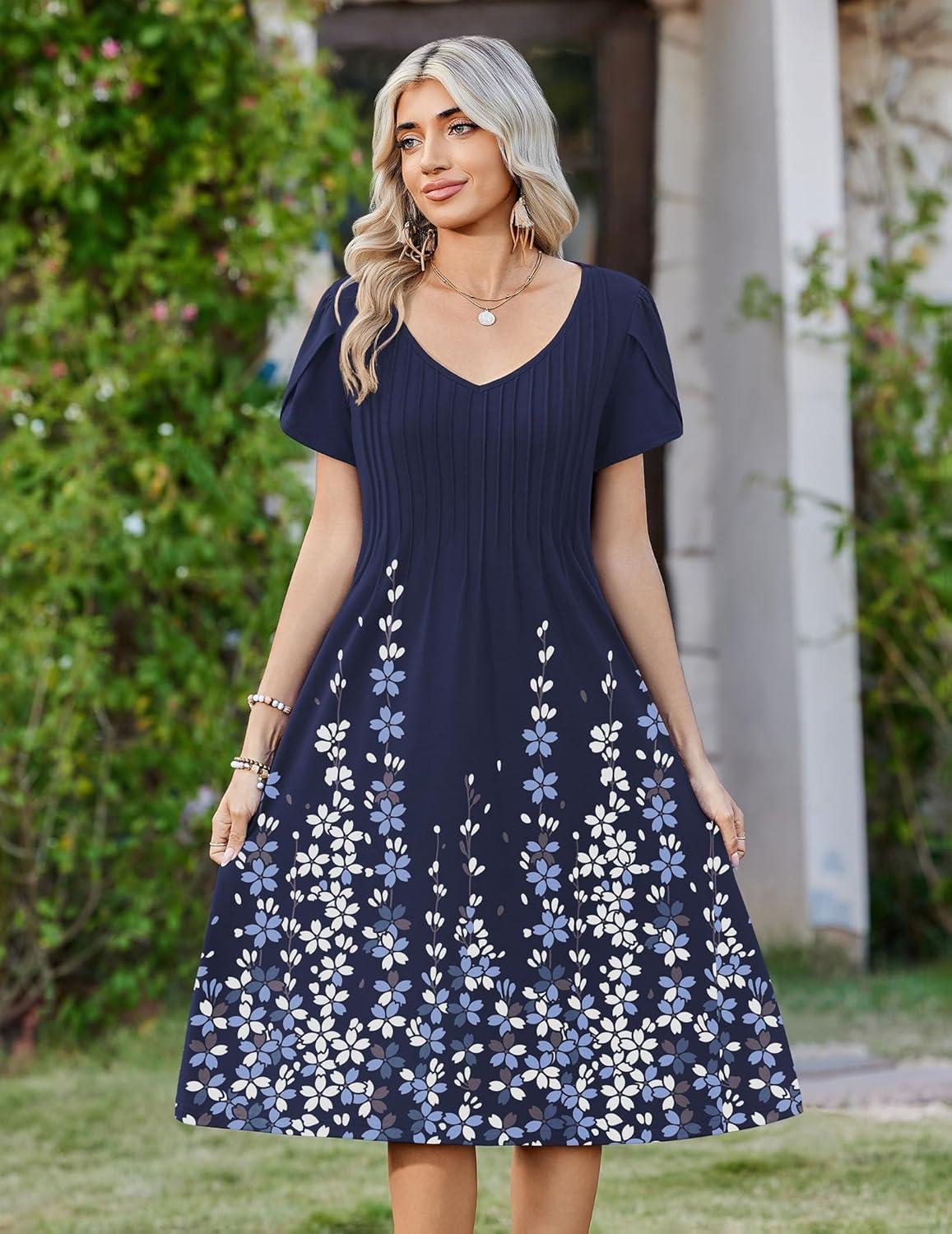 imageZeagoo Women Midi Dresses for Summer 2026 Short Sleeve Casual Flowy Dress A Line Pleated V Neck Beach Sundress with PocketsFlower Blue