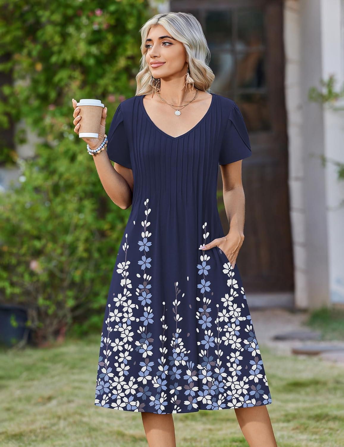 imageZeagoo Women Midi Dresses for Summer 2026 Short Sleeve Casual Flowy Dress A Line Pleated V Neck Beach Sundress with PocketsFlower Blue