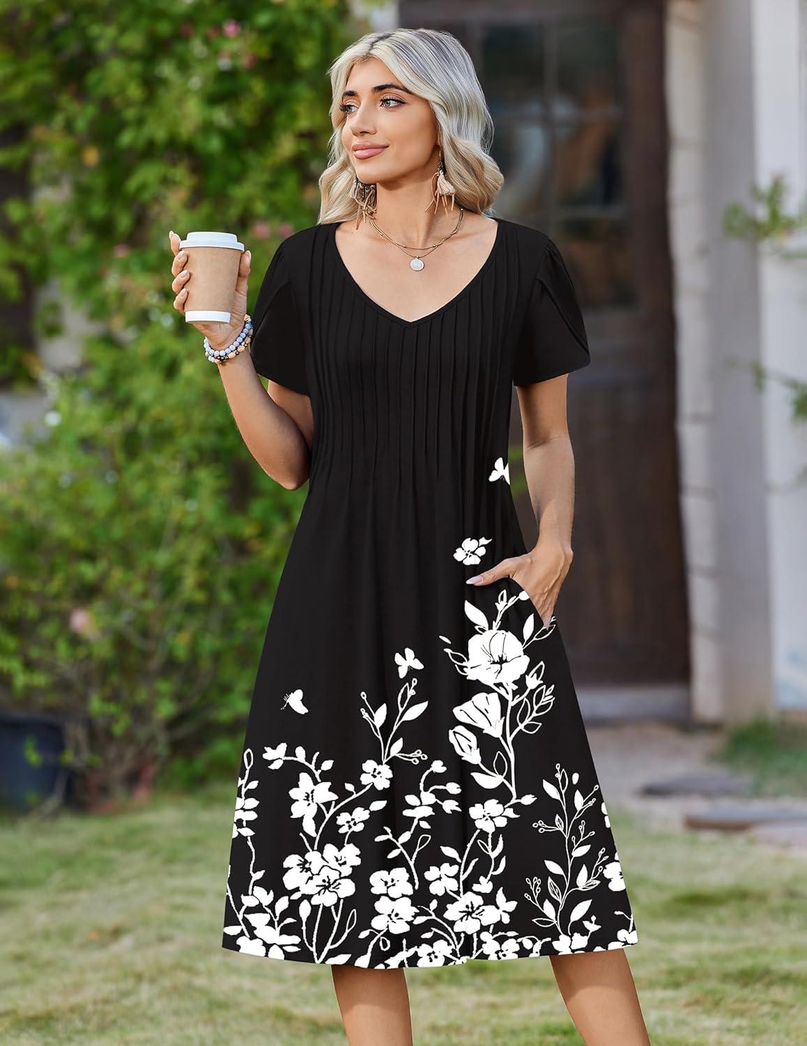 imageZeagoo Women Midi Dresses for Summer 2026 Short Sleeve Casual Flowy Dress A Line Pleated V Neck Beach Sundress with PocketsFlowers Black