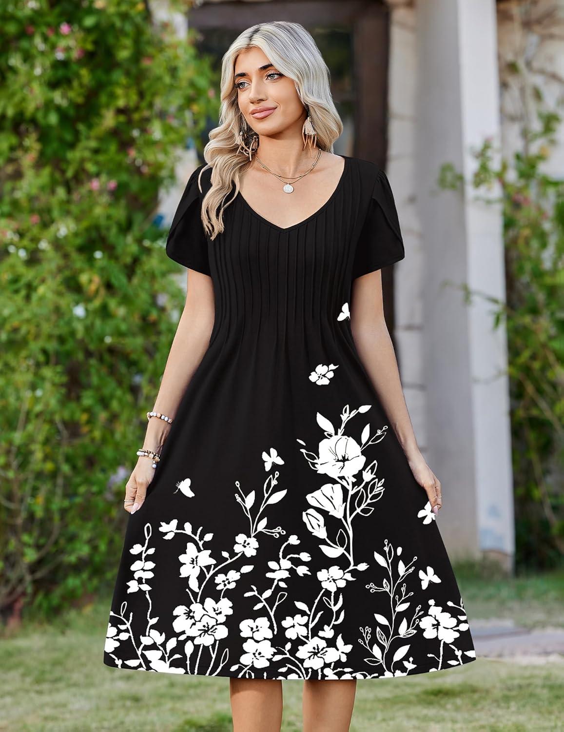 imageZeagoo Women Midi Dresses for Summer 2026 Short Sleeve Casual Flowy Dress A Line Pleated V Neck Beach Sundress with PocketsFlowers Black