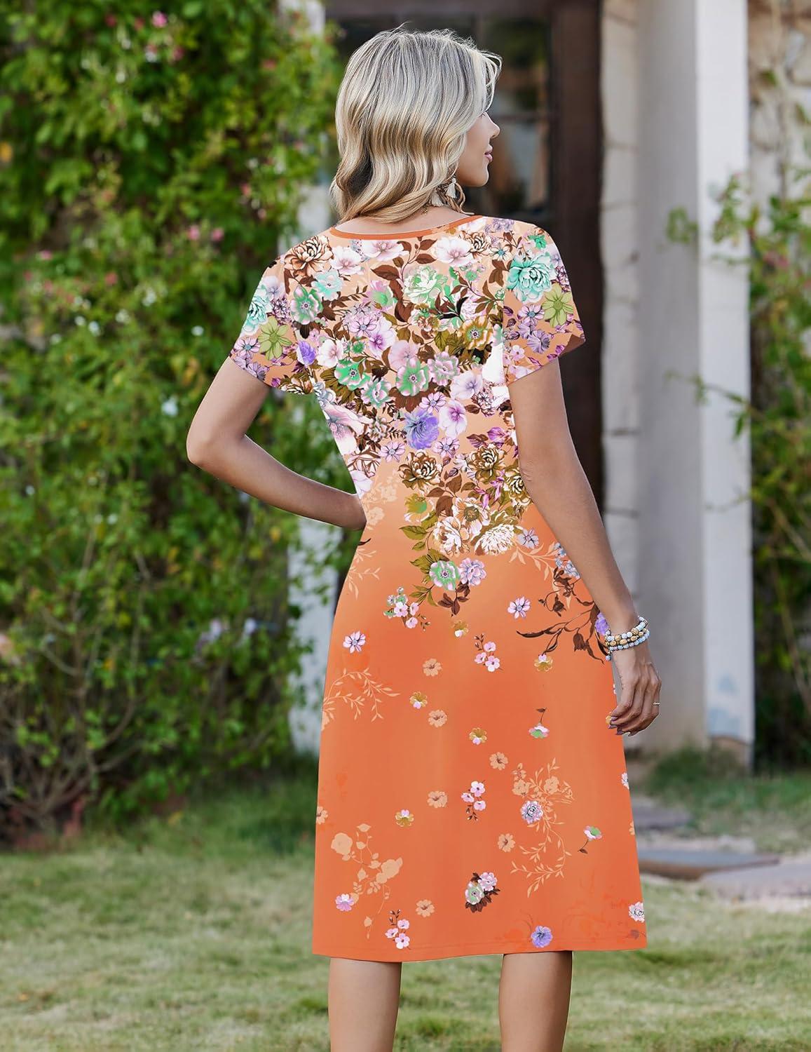 imageZeagoo Women Midi Dresses for Summer 2026 Short Sleeve Casual Flowy Dress A Line Pleated V Neck Beach Sundress with PocketsGradient Orange