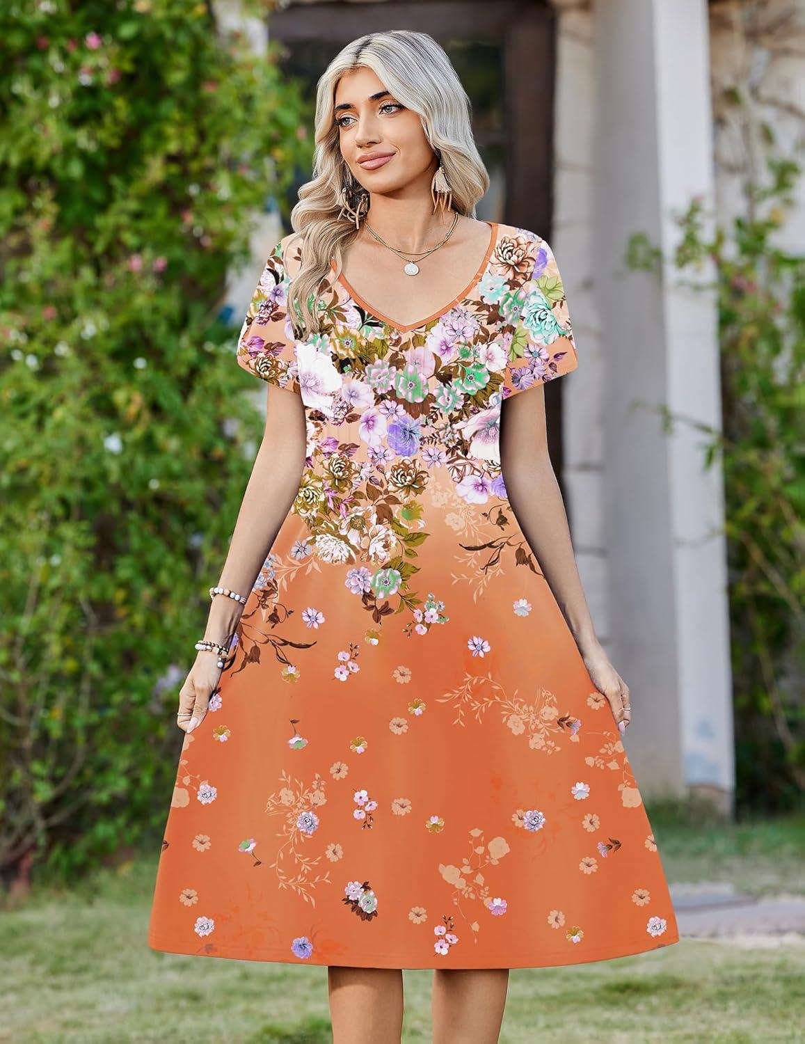 imageZeagoo Women Midi Dresses for Summer 2026 Short Sleeve Casual Flowy Dress A Line Pleated V Neck Beach Sundress with PocketsGradient Orange