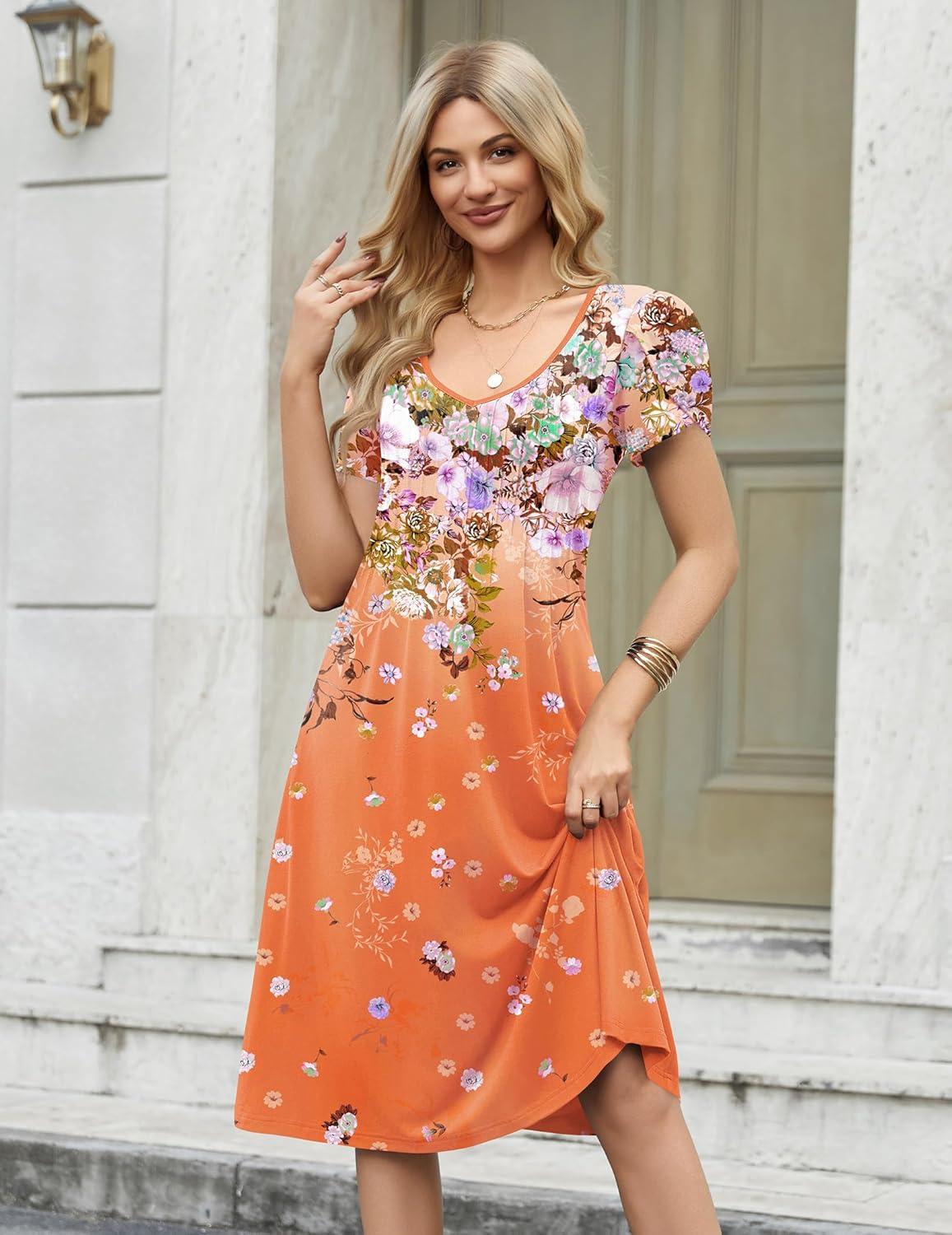 imageZeagoo Women Midi Dresses for Summer 2026 Short Sleeve Casual Flowy Dress A Line Pleated V Neck Beach Sundress with PocketsGradient Orange